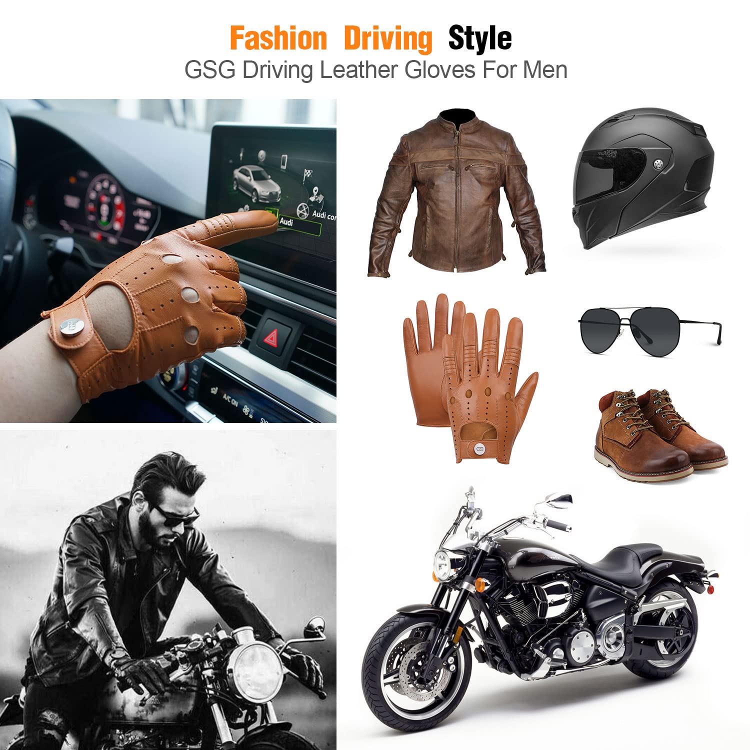 Gsg Men Leather Gloves Yellow Driving Cycling Touchscreen Motorcycle Unlined Gloves 10