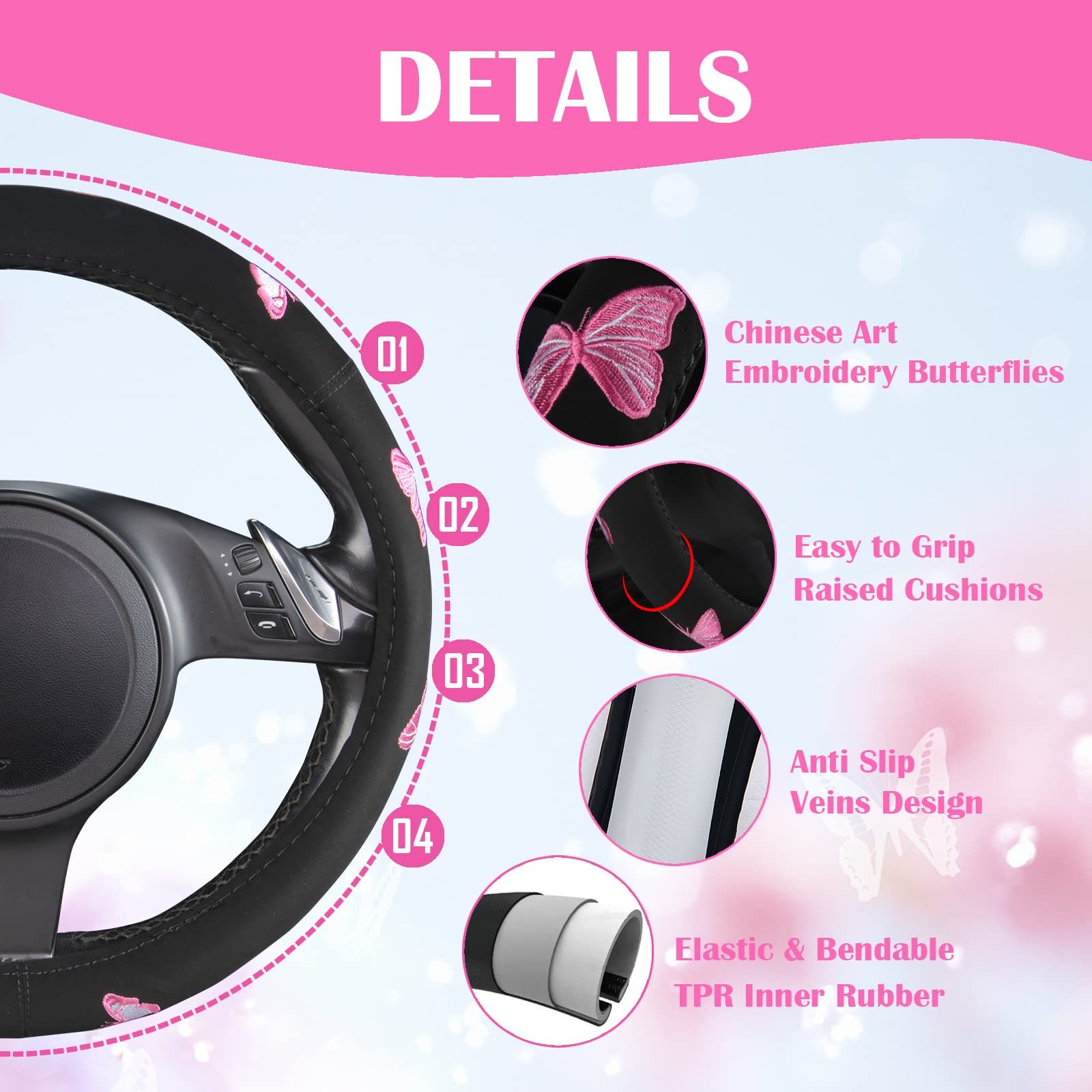 Car Pass Pink Embroidery Butterfly Steering Wheel Cover, Universal 15 Inch Car Wheel Cover For Women Girls, Fit For Suvs,Trucks,