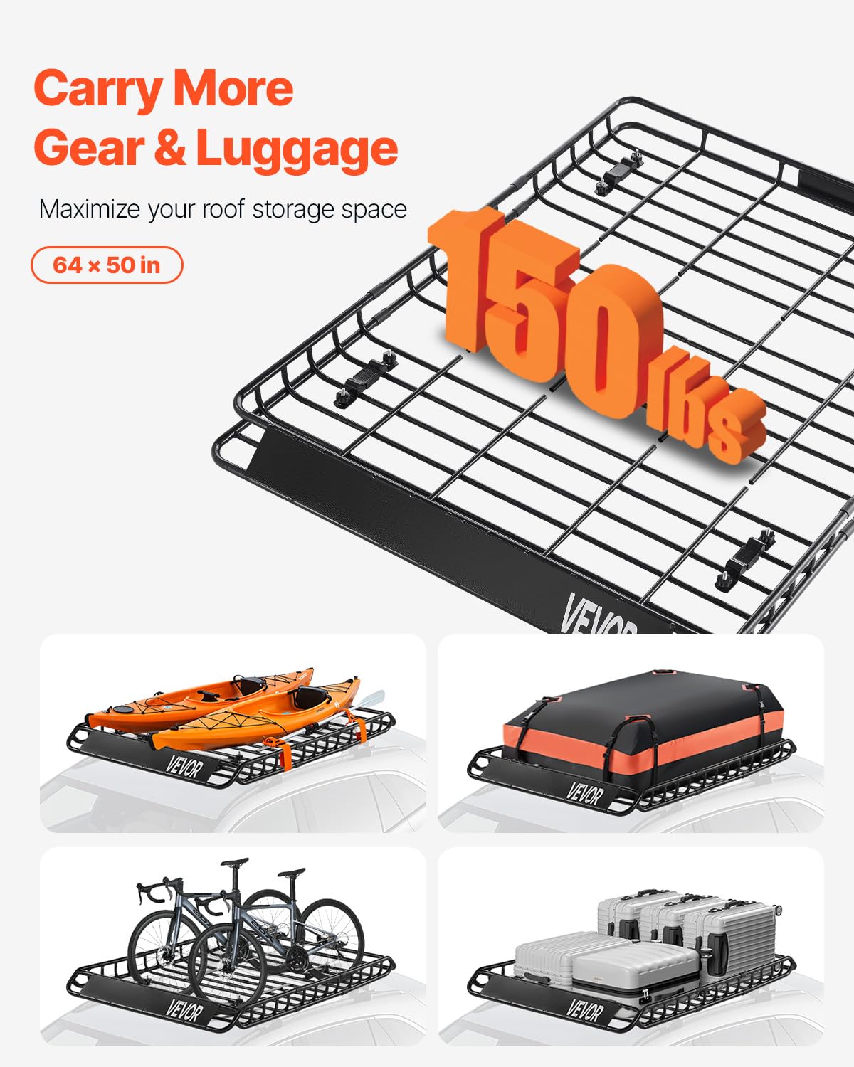 Vevor Roof Rack Basket, 64 X 50 X 4.1 In, Universal Rooftop Cargo Carrier With Two 35.4 X 39.4 In Cargo Net,150 Lbs Max Car Top