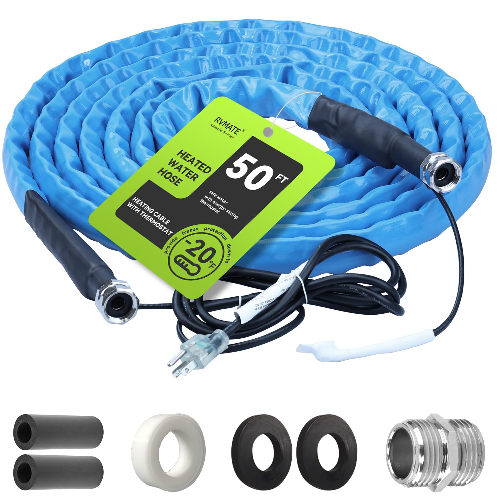 Rvmate Heated Water Hose For Rv 50Ft, -20 ? Antifreeze Heated Rv Water Hose With Energy Saving Thermostat, For Rv/Camper/Home/Ga