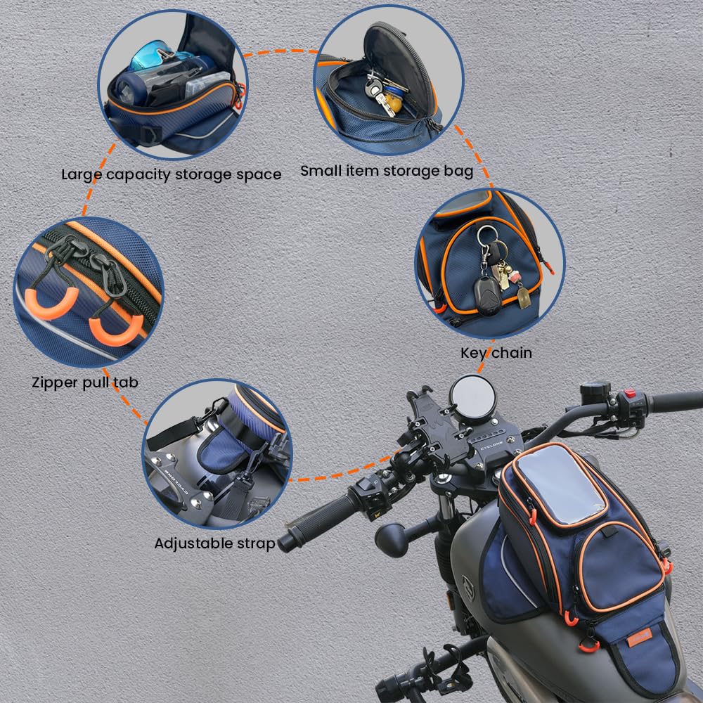 Reygeak Motorcycle Tank Bag,Waterproof, With Super Magnetic Thickened Magnet Blue Orange 1680D Pvc Petrol Tank Bag, Large Window