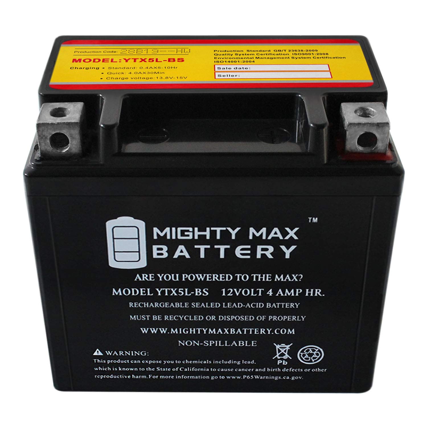 YTX5L-BS -12 Volt 4 AH, 80 CCA, Rechargeable Maintenance Free SLA AGM Motorcycle Battery
