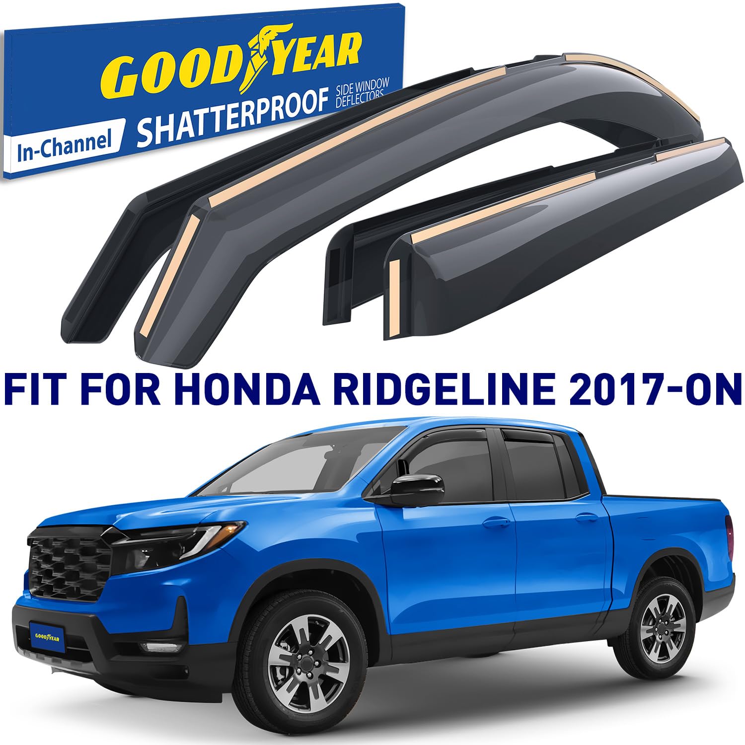 Goodyear Shatterproof In-Channel Window Deflectors For Honda Ridgeline 2017-2025, Rain Guards, Window Visors, Vent Deflector Vis