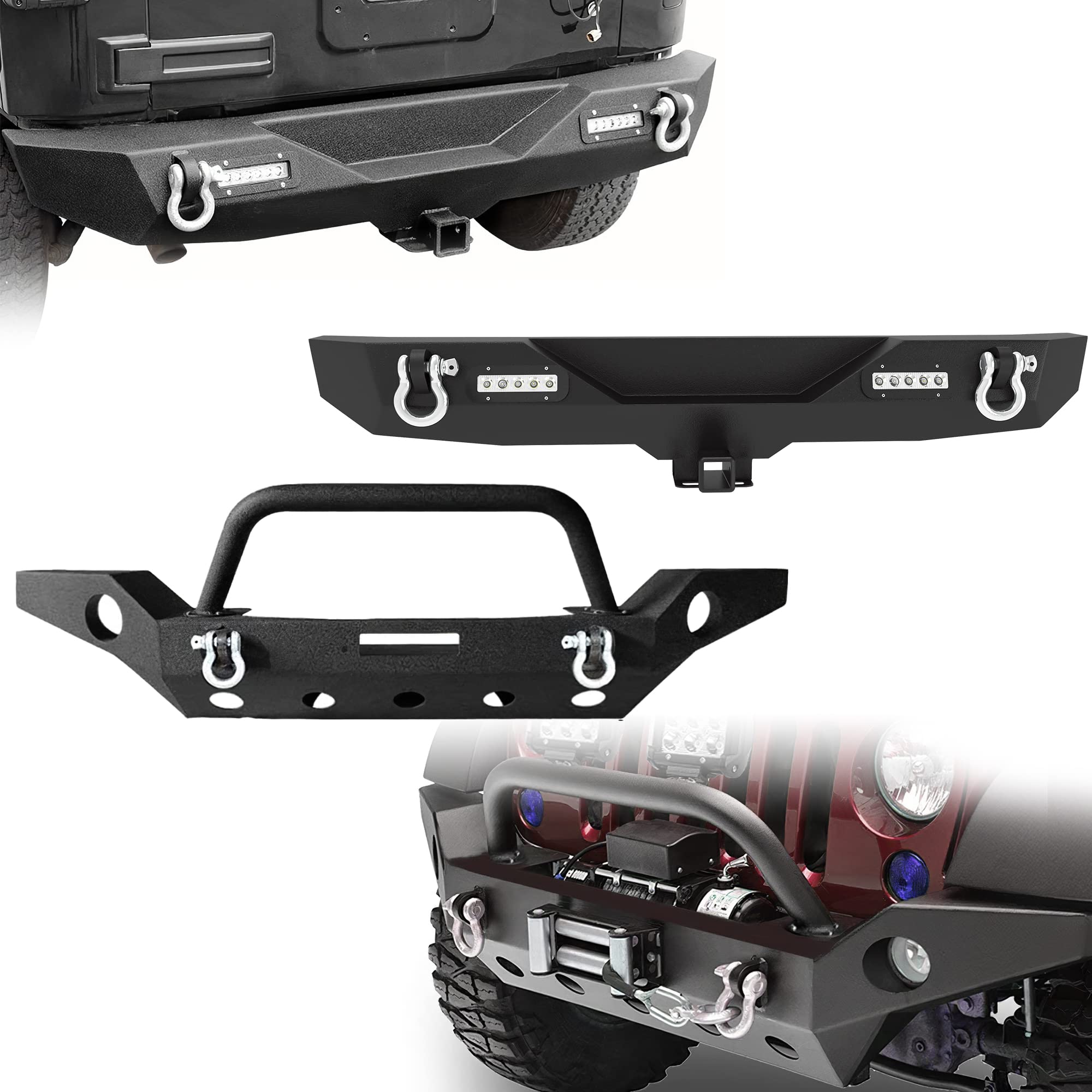 Ledkingdomus Front& Rear Bumper Compatible With 07-18 Jeep Wrangler Jk And Jk Unlimited W/Fog Lights Hole, Winch Plate, Rear Bum