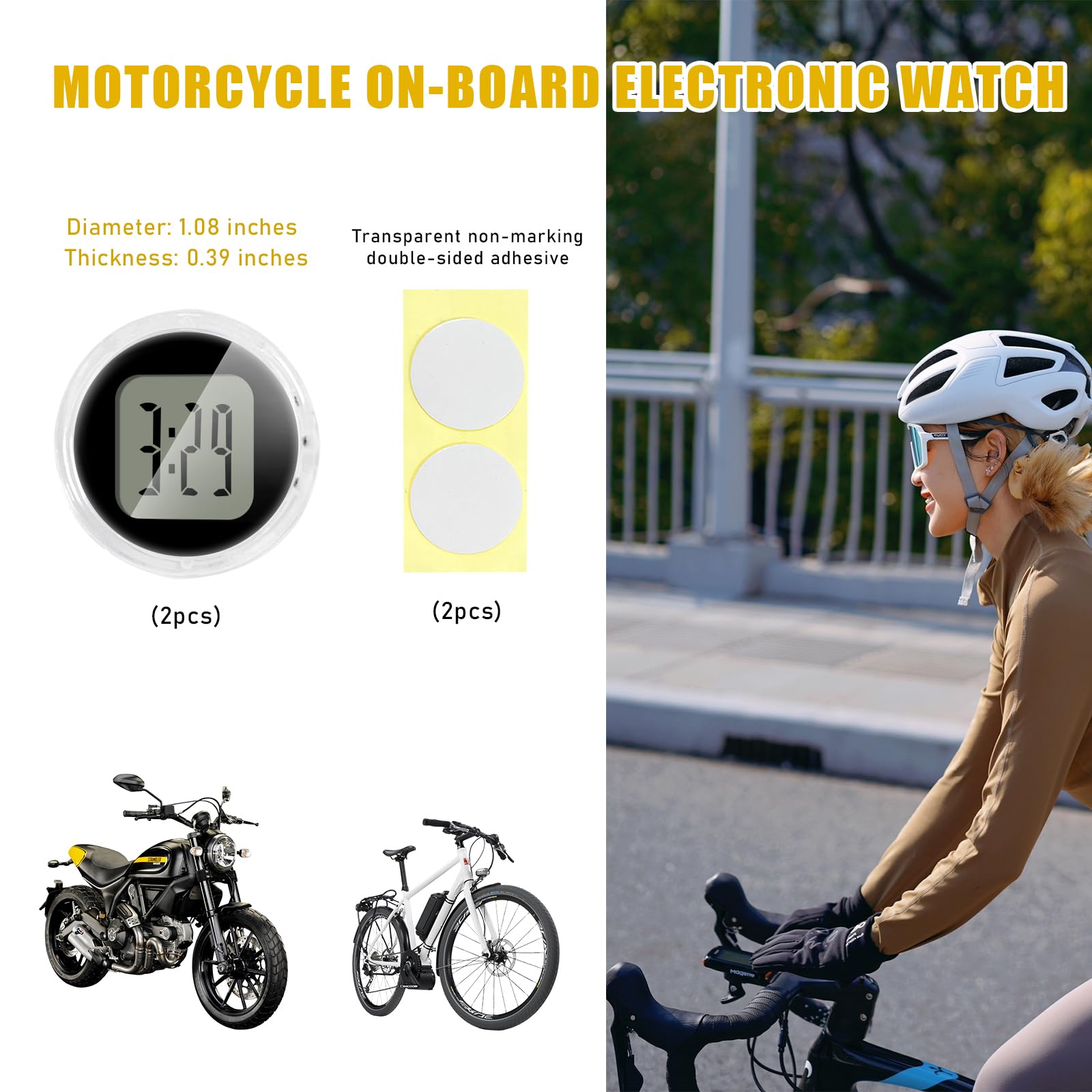 Suvnie 2 Pcs Mini Motorcycle Clocks, Waterproof Motorbike Handlebar Digital Clock, 1.1 Inch Stick-On Dashboard Mount Watch, Universal Vehicle Decor Accessories For Motorcycle Car Suv (Black)