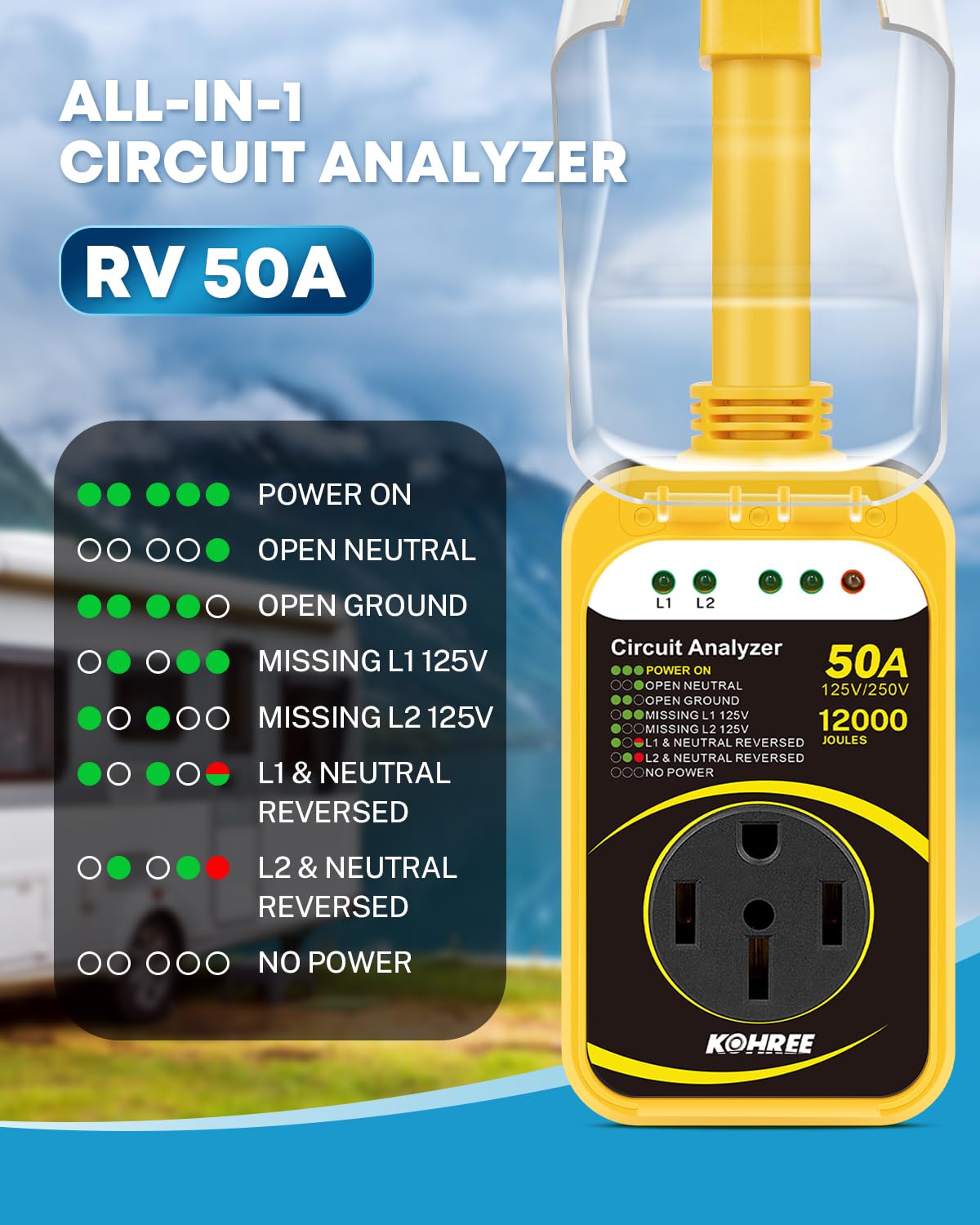 Kohree Rv Surge Protector 50 Amp 12000J With Waterproof Cover, Weather Resistant Surge Protector For Rv Camper, All-In-1 Rv Circ