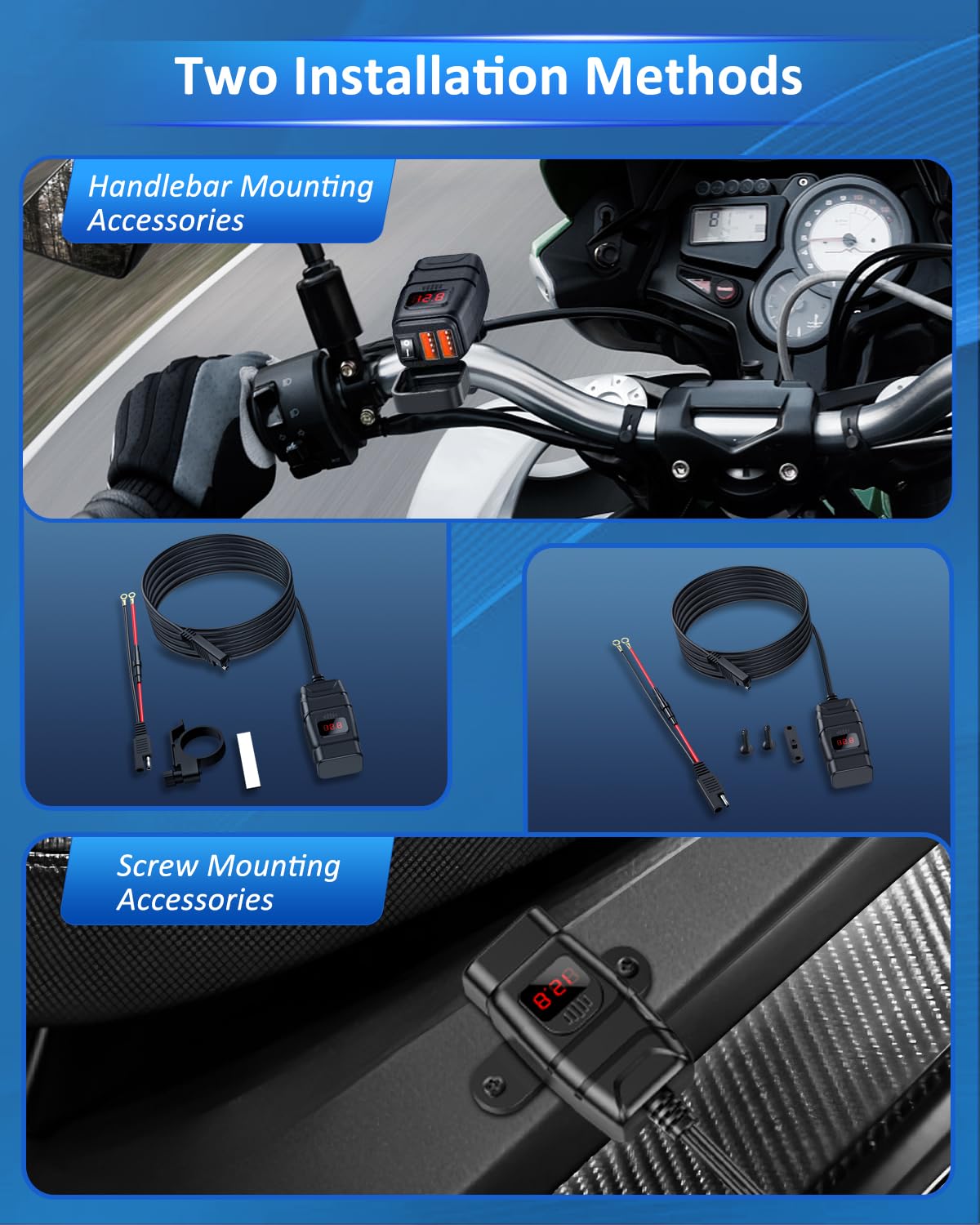 RANDPOW Motorcycle Phone Charger, Quick Charge 3.0 6.8A Dual Port Motorcycle USB Charger with ON/Off Switch, Waterproof Quick Di