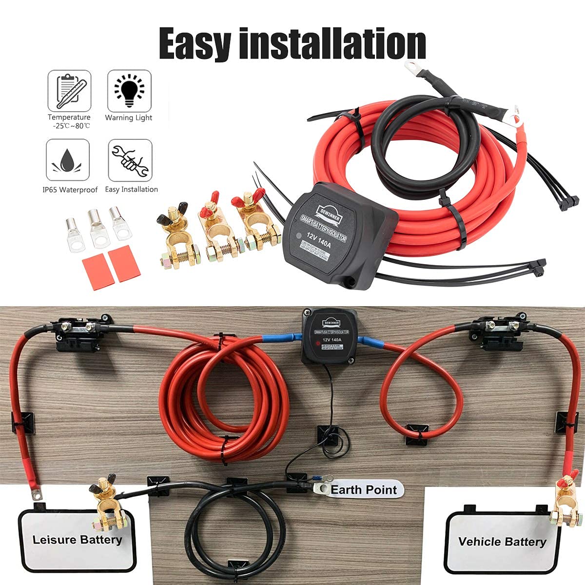 Dewinner 12V 140 Amp Dual Battery Smart Isolator & Atv Utv Wiring Cable Kit - Voltage Sensitive Relay - Vsr, Dual Battery Charge