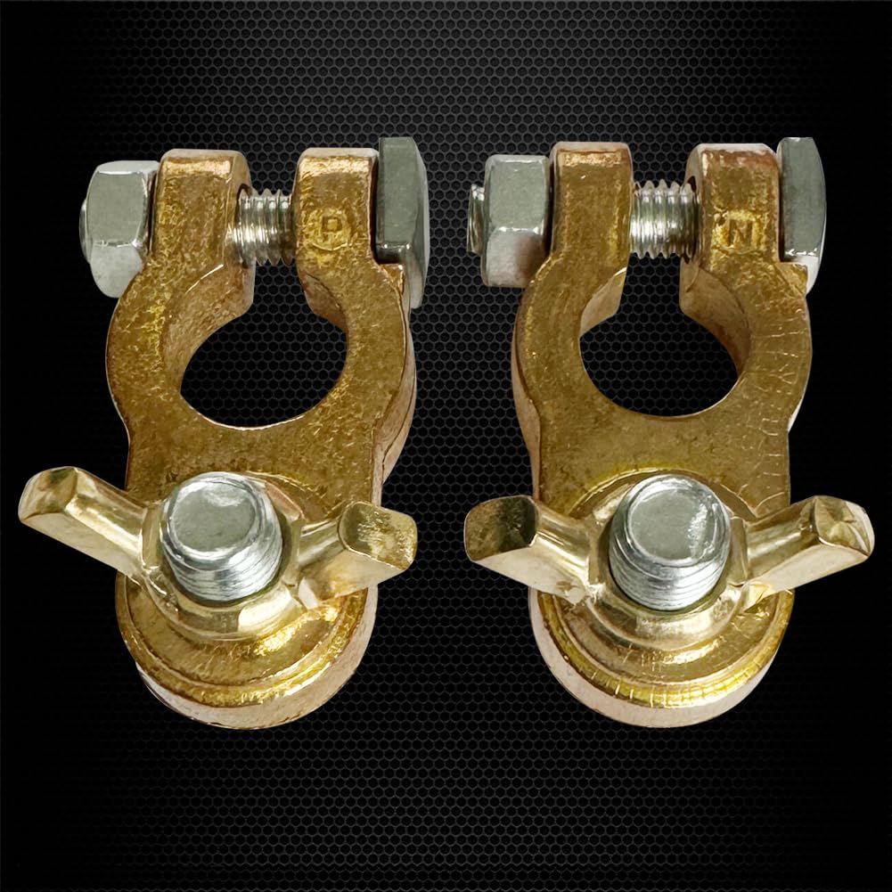 Ampper Brass Battery Terminal Connectors, Top Post Battery Terminals Clamp Set For Marine Car Boat Rv Vehicles (Wing Nuts, 1 Pai