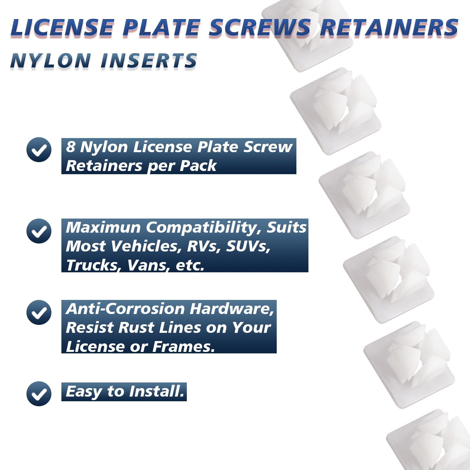 Nylon License Plate Screw Inserts - 8 Pcs | Nylon Screw Retainers For Cars Front & Back License Plate Screws, Self Tapping Gromm