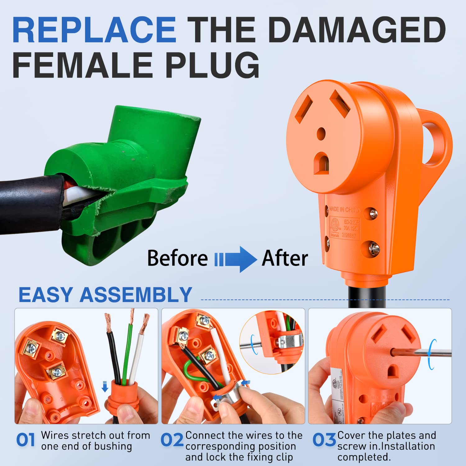 Nilight 30 Amp Rv Replacement Receptacle 125 Volt Heavy Duty Female Socket With Handle Etl Listed Nema Tt-30R Plug For Rvs Campe