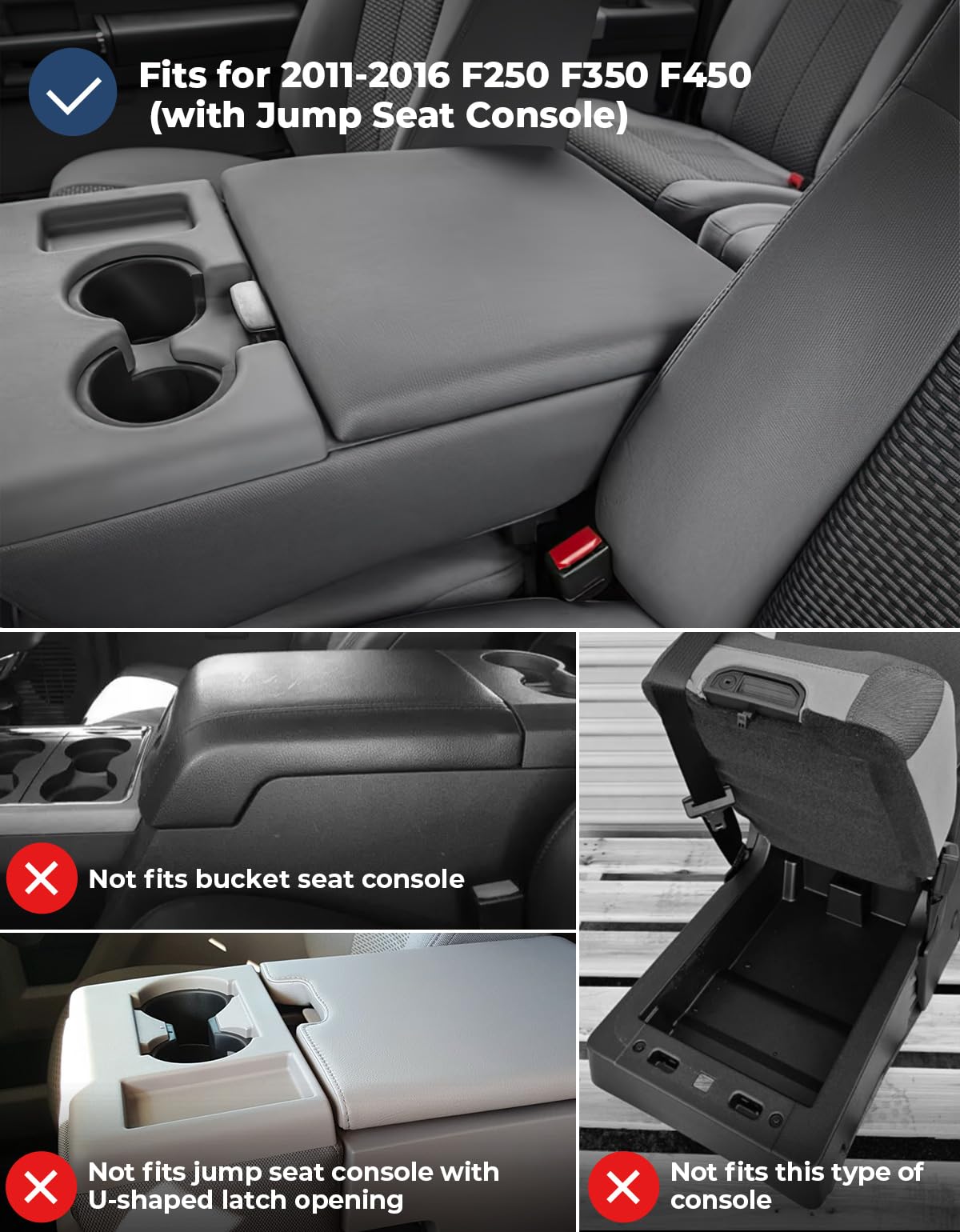 Issyauto Center Console Cover Compatible With 2011-2016 Ford F250 F350 F450 Super Duty With Jump Seat Console, Leather Armrest Cover Center Console Cushion, Black (Jump Seat Only)