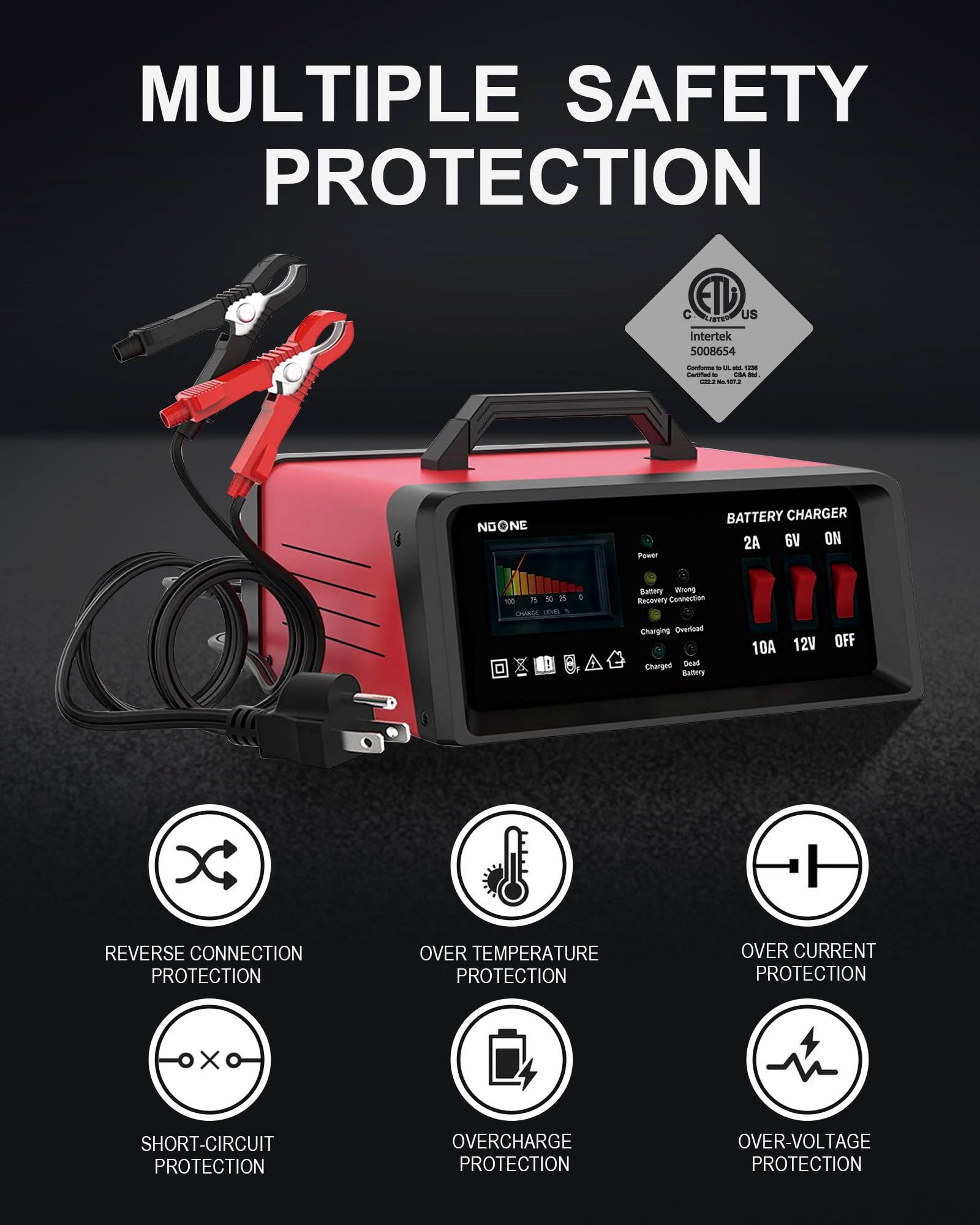 NOONE 2A/10A Car Battery Charger, 6V/12V Battery Charger Automotive, Motorcycle Trickle Charger, Desulfator Float Charger and fo
