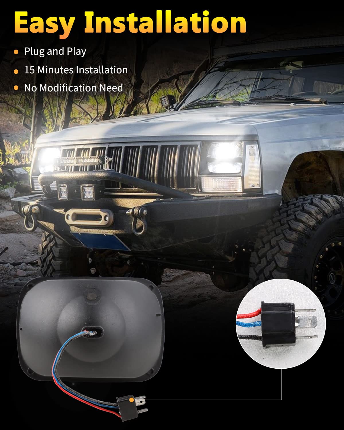 Bicyaco 1 Pair 105W Rectangular 5X7/ 6X7 Inch Led Headlight High Low Beam Headlamp Compatible With Jeep Wrangler Yj Cherokee Xj