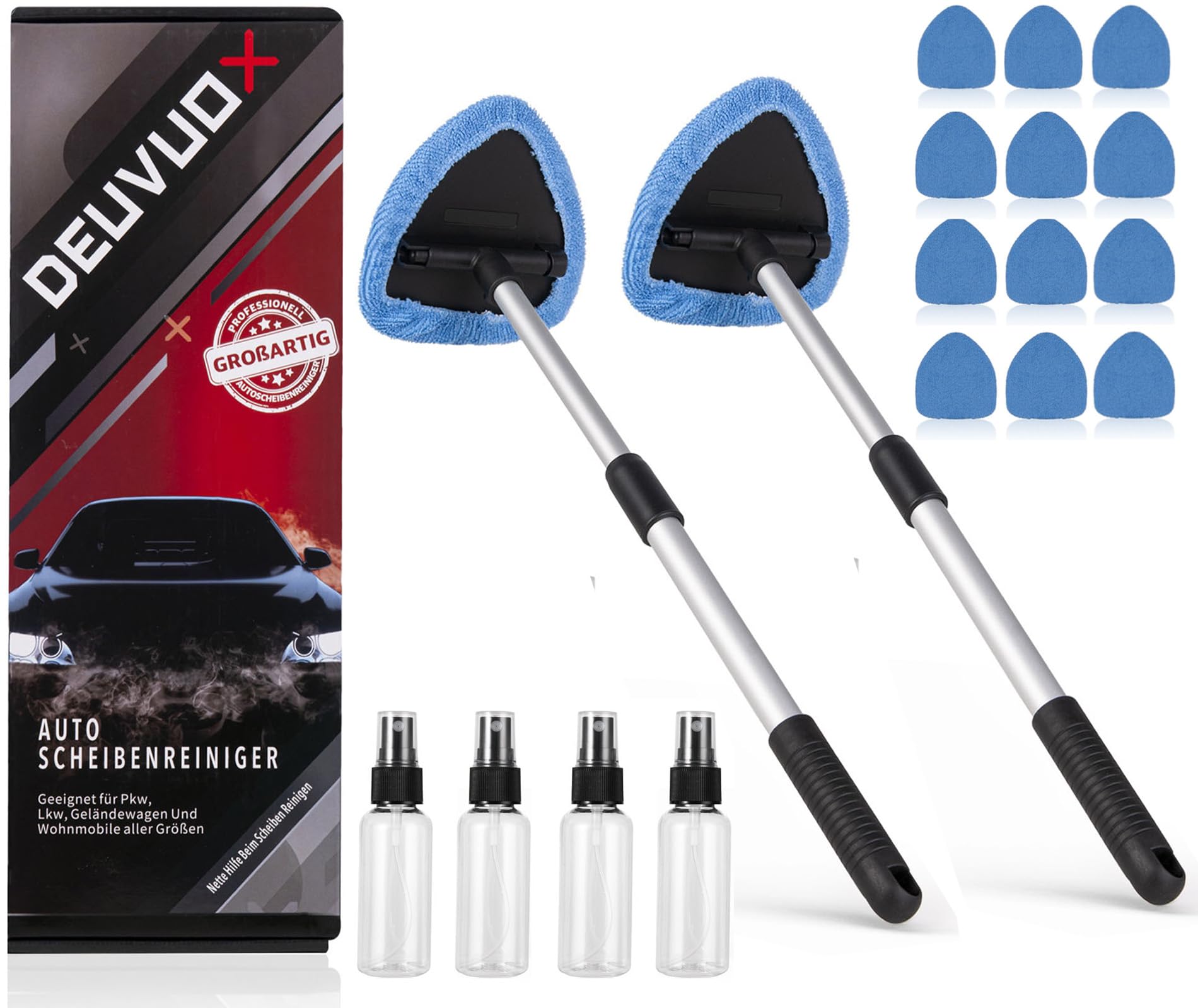 deuvuo 18 Pcs Windshield Cleaning Tool, Expandable Car Window Cleaner with 12 Reusable Microfiber Pads, 4 Spray Bottles, Multifu