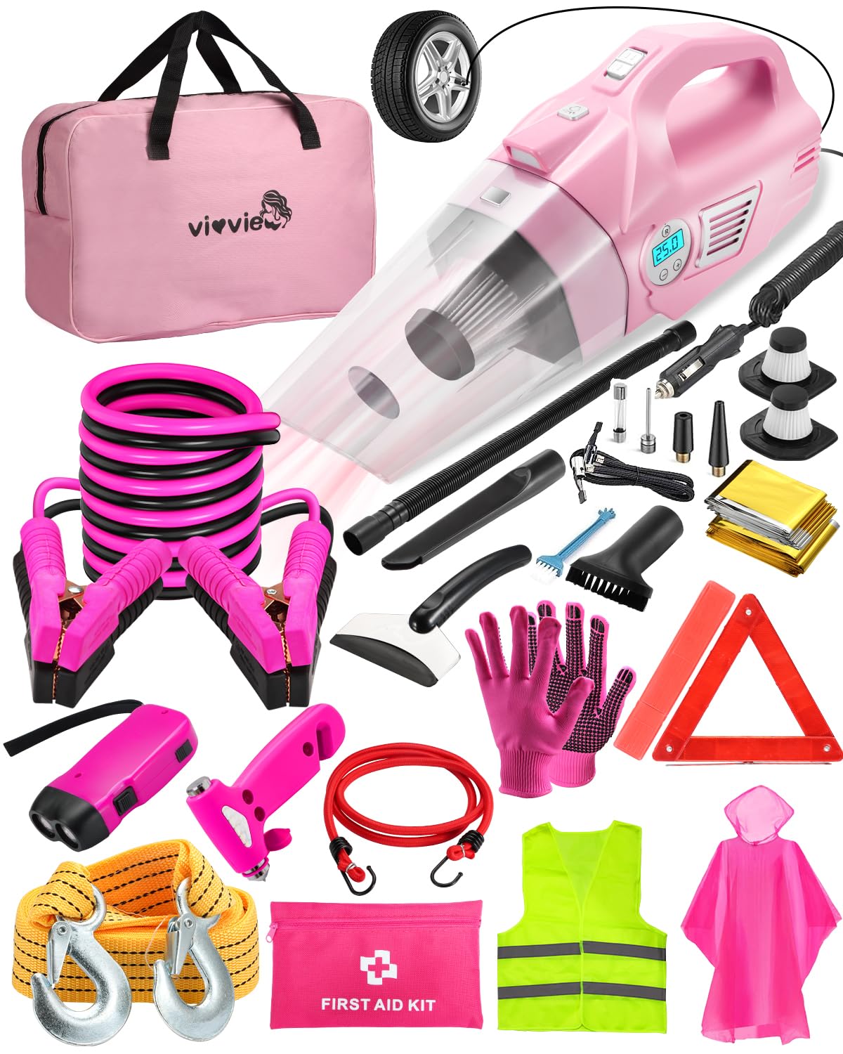 Vioview Roadside Emergency Car Safety Kit, With 4-In-1 Inflatable Car Vacuum Cleaner, Pink Jumper Cables, First Aid Kit, Tow Rop