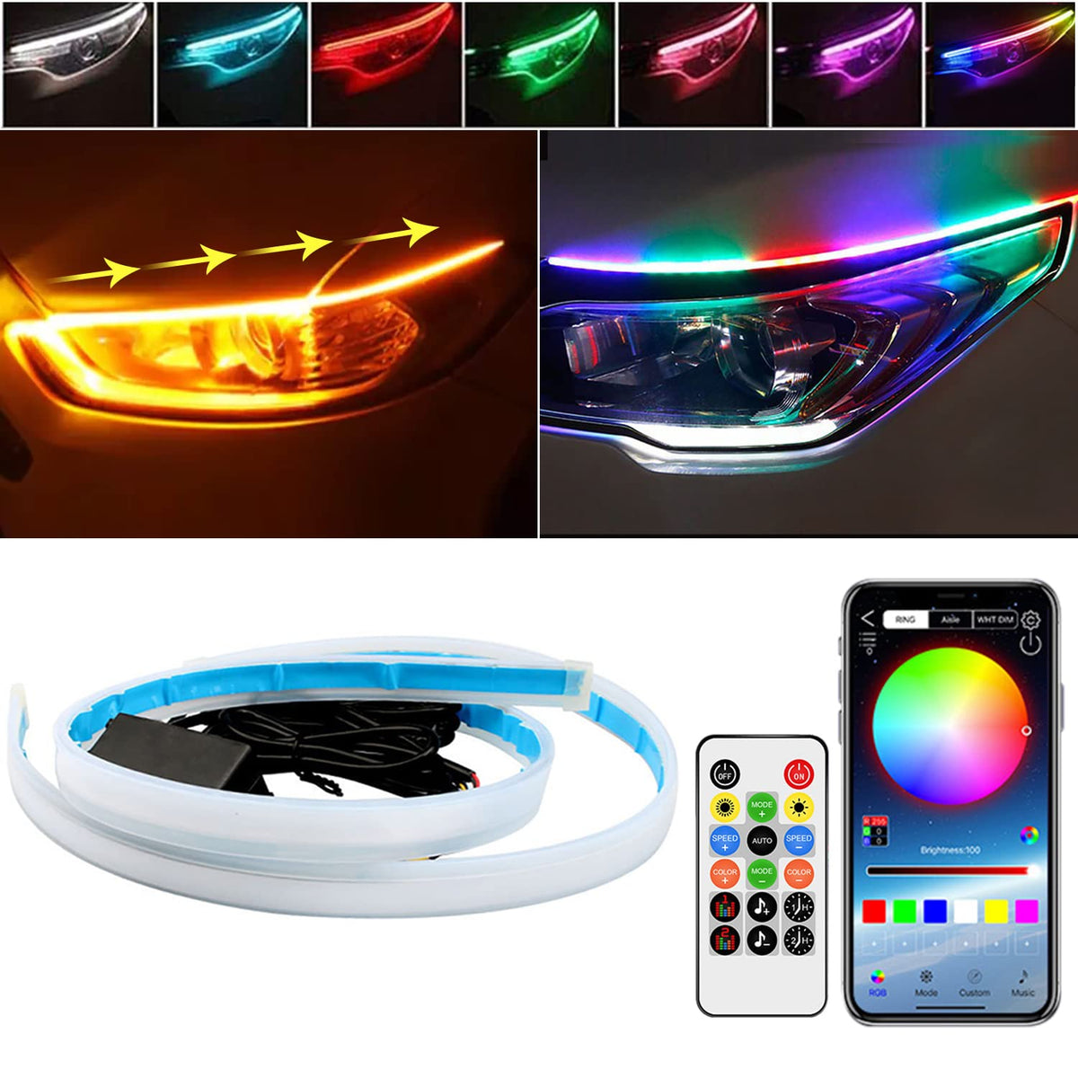 Tekshinny Headlight Led Strip, 2Pcs 24 Inches Flexible Dual Color Red Turn Signal Yellow Lights, Waterproof Daytime Running Ligh