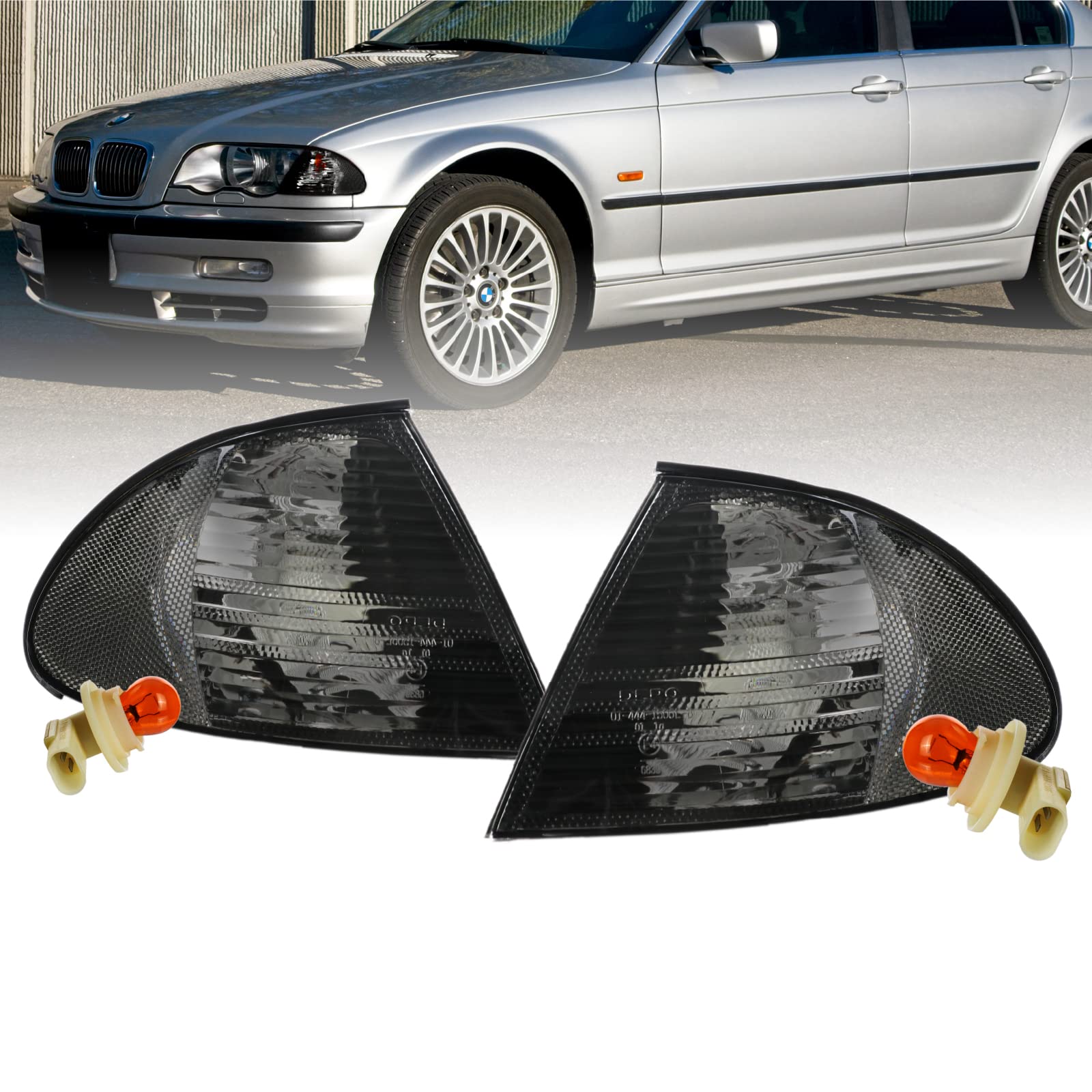 DEPO 99-01 E46 4D Cornering Lights - OE Euro Smoke Corner Turn Signal Lamps Set (Left + Right) Compatible with 1999-2001 BMW E46
