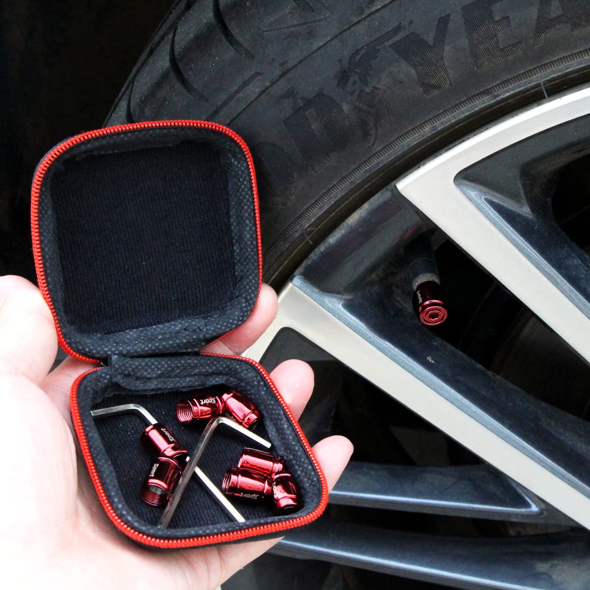 Dsycar Locking Valve Stem Caps Red (8 Pack), Anti Theft Tire Caps With Rubber Ring Tire Wheel Rim Dust Cover Fits Cars, Trucks, Bikes, Motorcycles, Bicycles (8 Pack/Red)