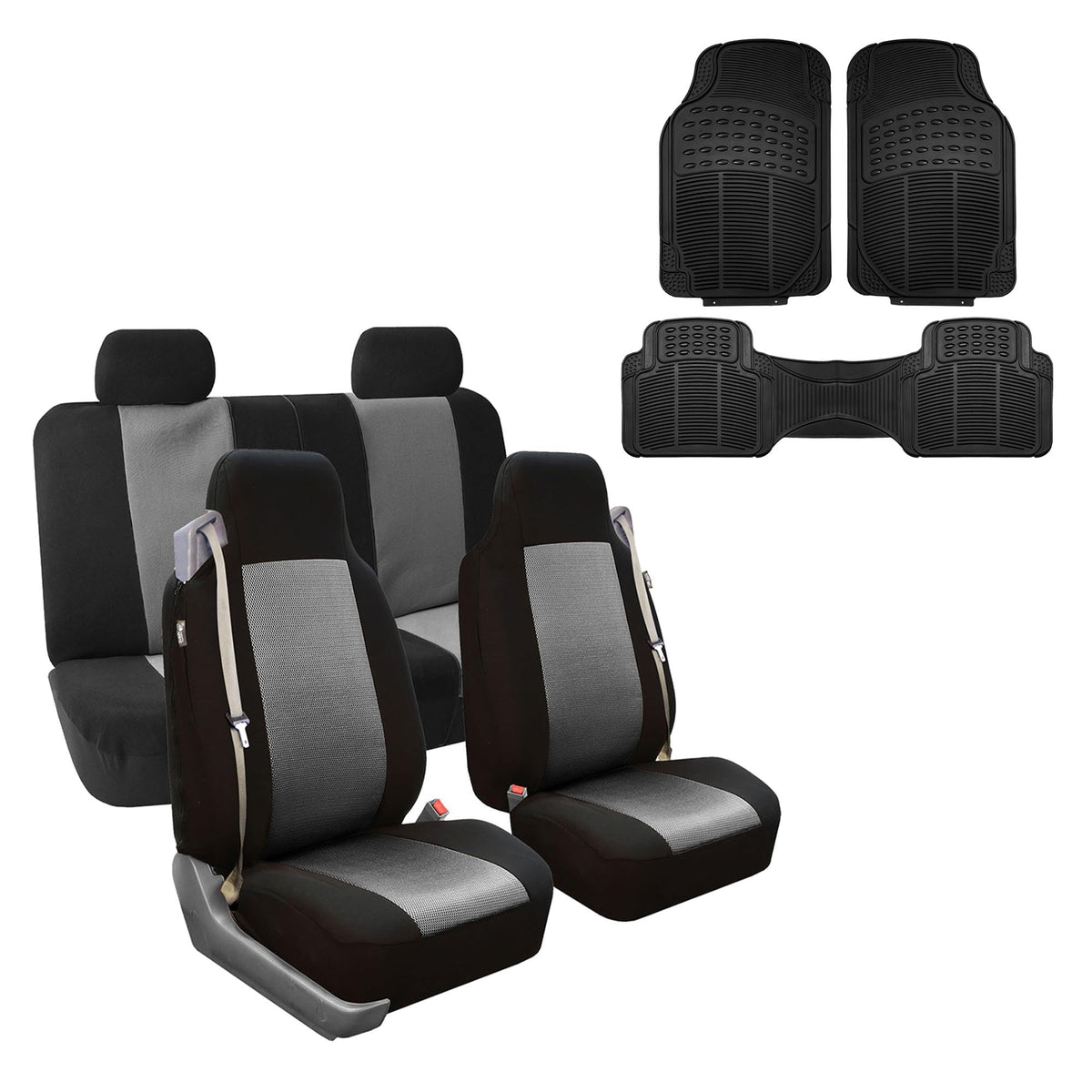 Fh Group Fh-Fb302114 All Purpose Flat Cloth Car Seat Covers Gray/Black Color With F11306 Vinyl Floor Mats- Fit Most Car, Truck,