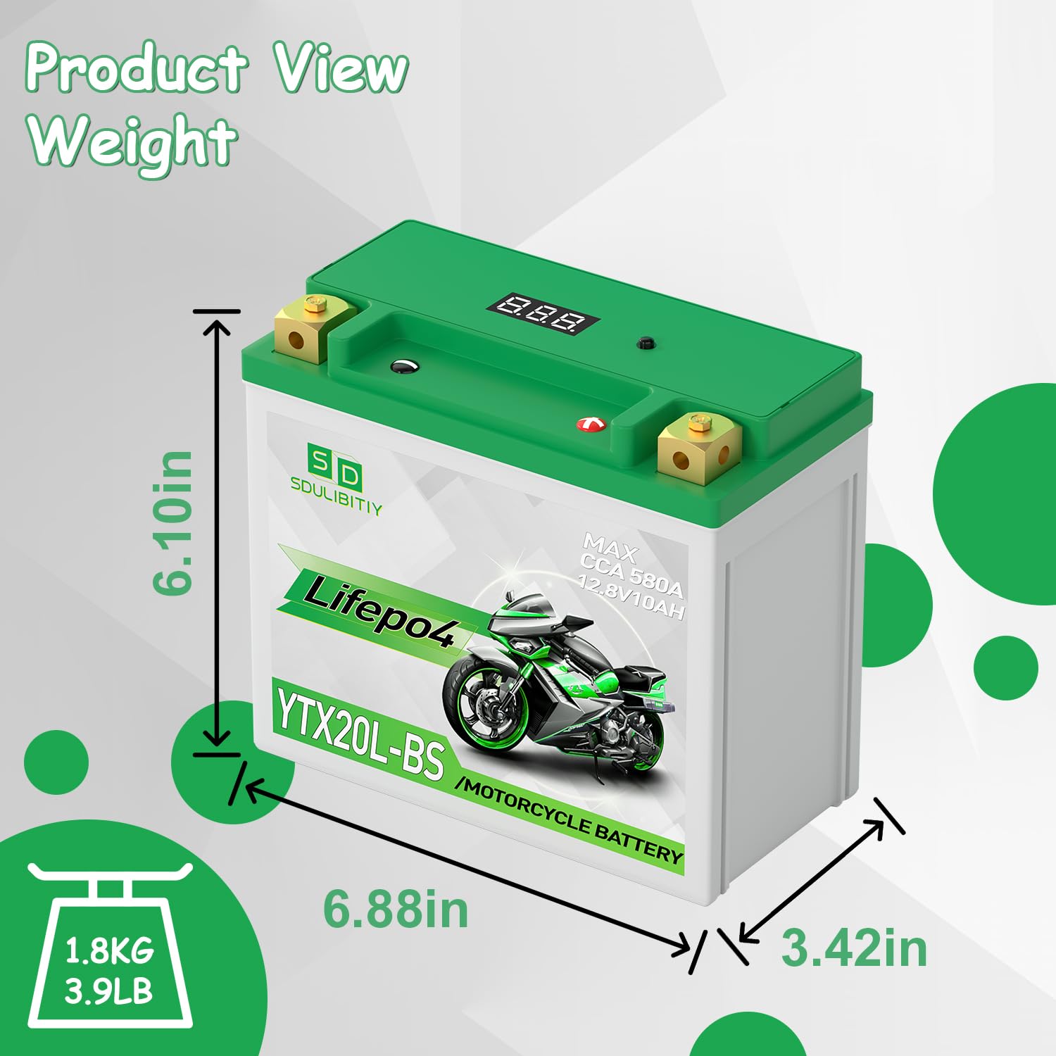 Lithium Motorcycle Battery LiFePO4 YTX20L-BS 12.8V 10Ah 580-750CCA Powersports Battery For Motorcycle Compatible ATV, UTV, Jet S