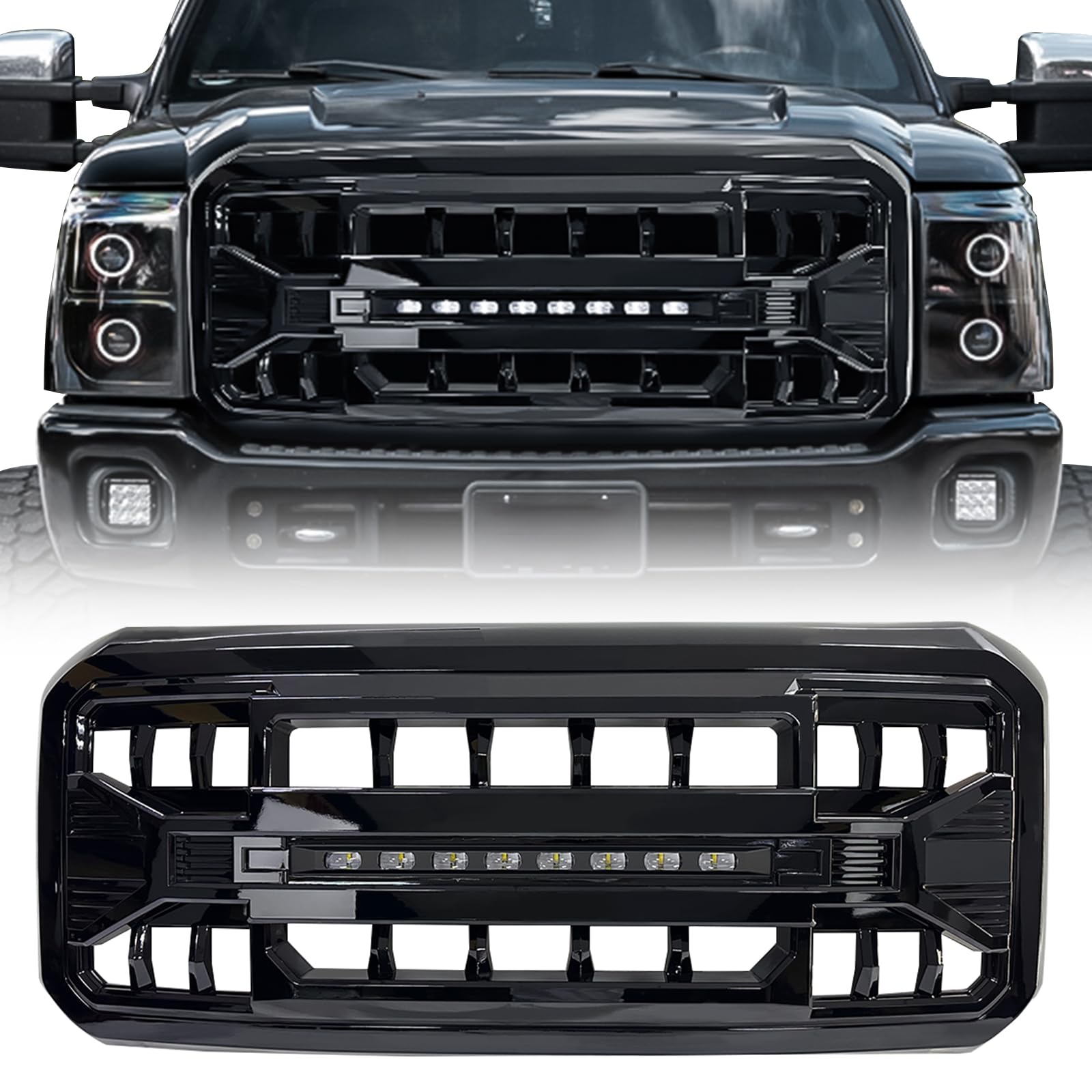 MEGAIE Front Grill Compatible with 2011-2016 F250 F350 F450 F550 Super Duty, Glossy Black Bumper Grille Guard w/Off-Road Lights