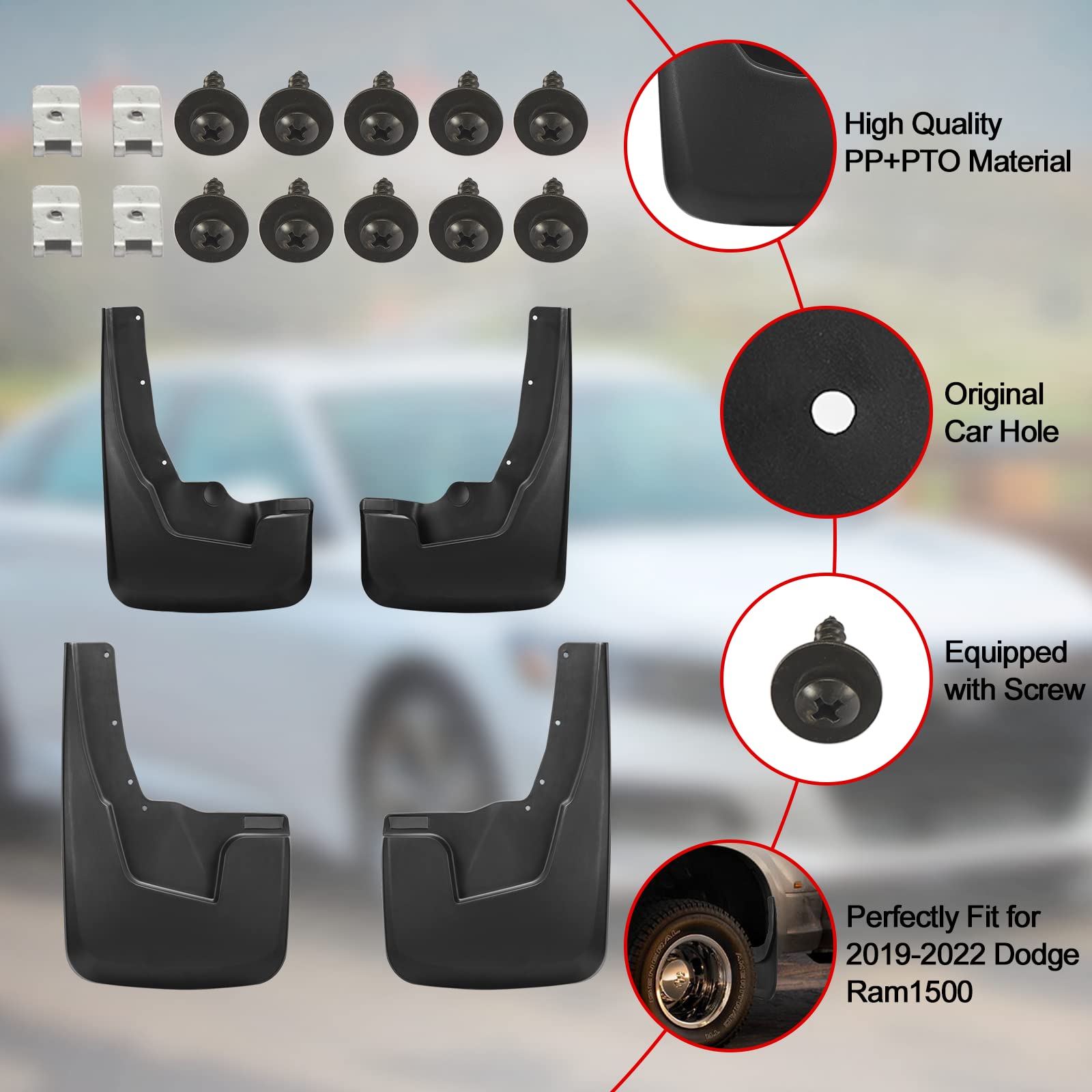 Bdfhyk Mud Flaps Splash Guards 4Pcs Front & Rear Side Mud Guards Compatible For 2019-2022 Dodge Ram 1500 With Fender Flares