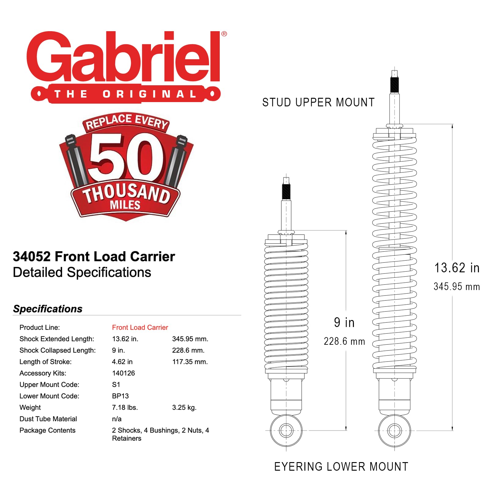 Gabriel 34052 Load Carrier Front Towing Shocks Absorbers with Coil Springs for select models Dodge, Plymouth - (1 Pair)