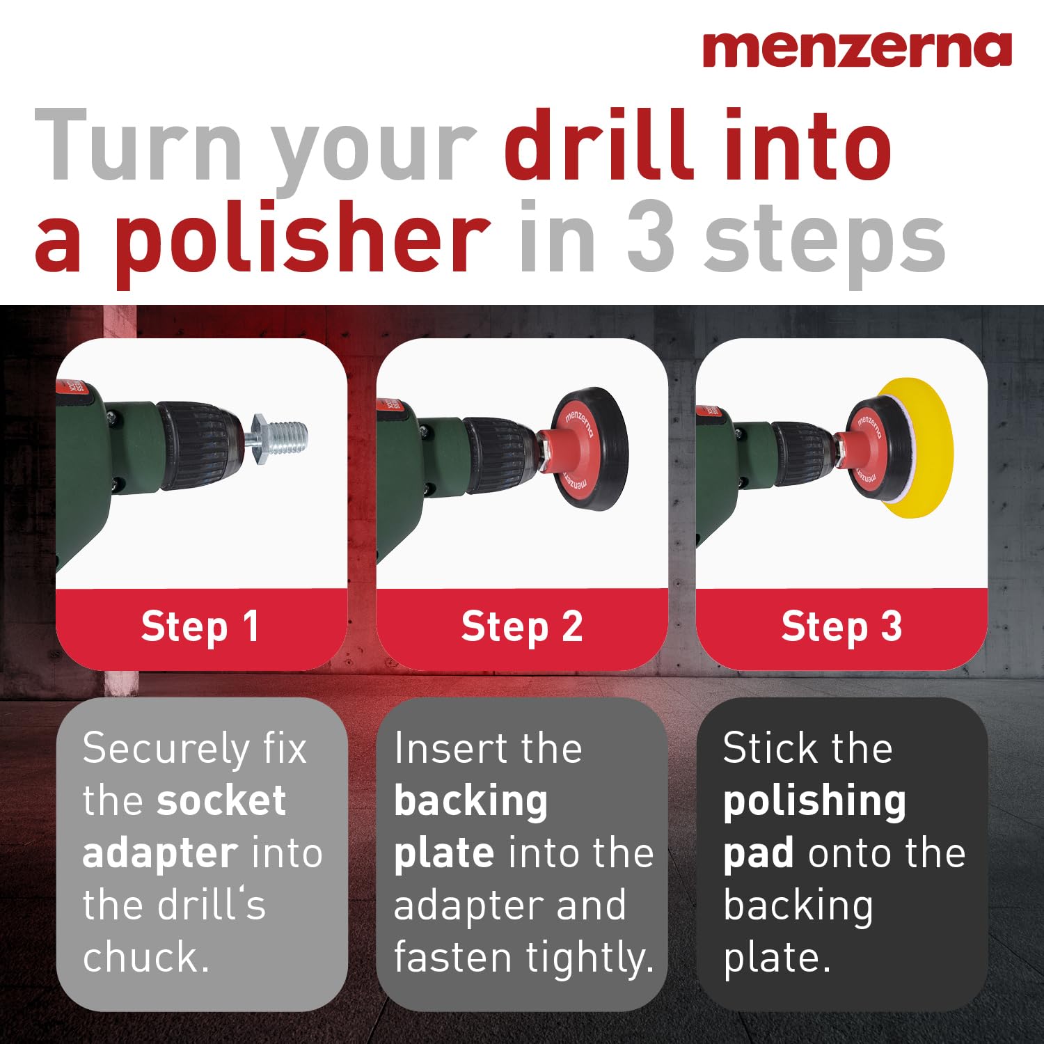 Menzerna 3In1 Polishing Set - One-Step Polish + Drill Machine Adapter + Medium Cut Pad | Polish Your Car With A Cordless Drill