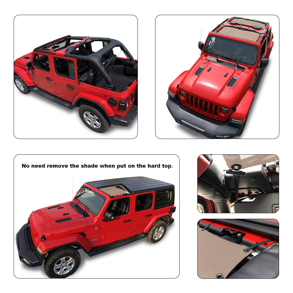 Shadeidea Sun Shade Top For Jeep Wrangler Sunshade Jl Unlimited (2018-2023) 4 Door Front And Rear 2 Piece -Tan Mesh Screen Sunsh