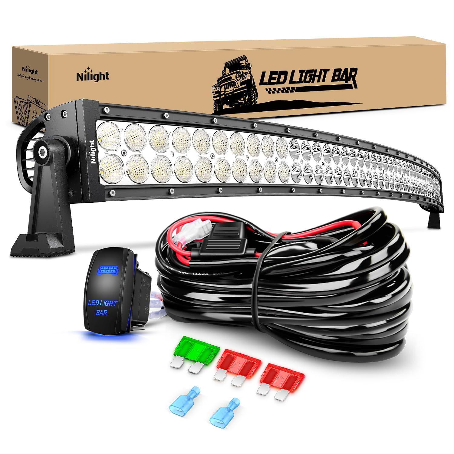 Nilight 50Inch 288W Curved Spot Flood Combo Led Light Bar Off Road Driving Lights Boat Lights Fog Light 12V On/Off 5 Pin Rocker