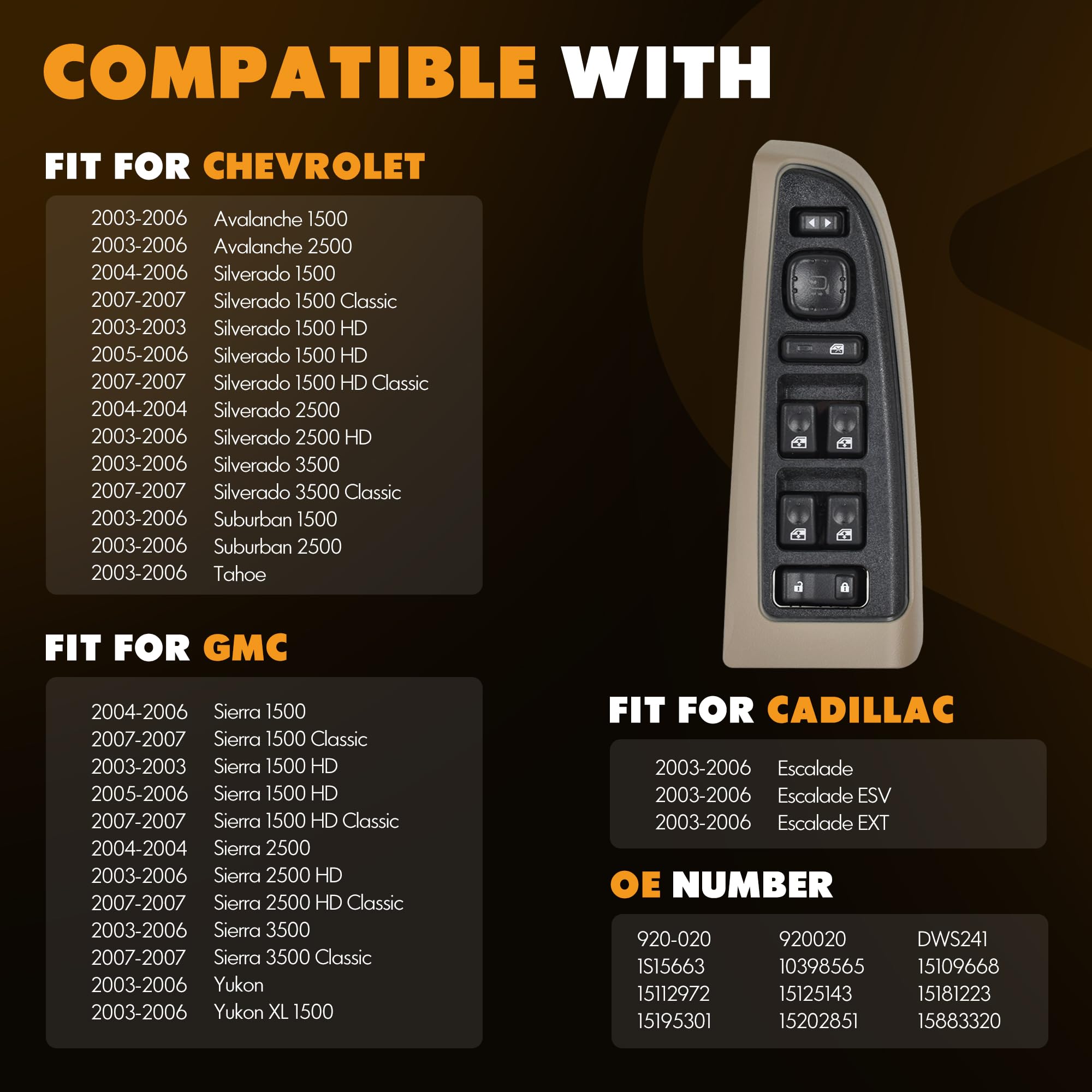 ASOPARTS 15883320 Front Driver Side Door Lock and Power Window Switch & Tan Bezel Assembly Fit for 2003-2007 Chevy Avalanche Sil
