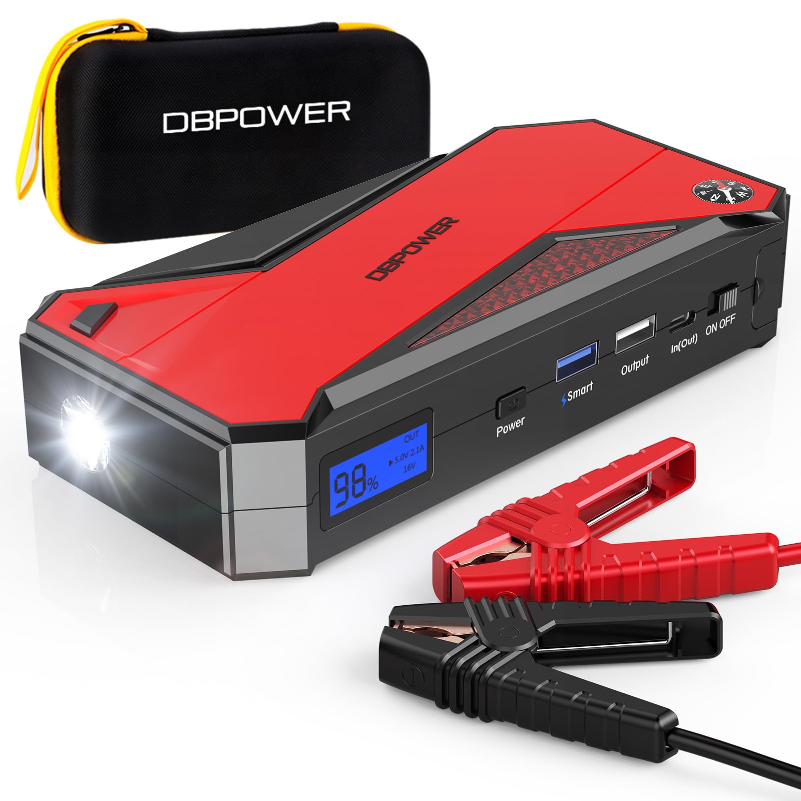 Dbpower Peak 2000A 18000Mah Portable Car Jump Starter (Up To 7.2L Gas, 5.5L Diesel Engine) Battery Booster With Smart Charging Port, Compass, Lcd Screen And Led Light (Black/Red)