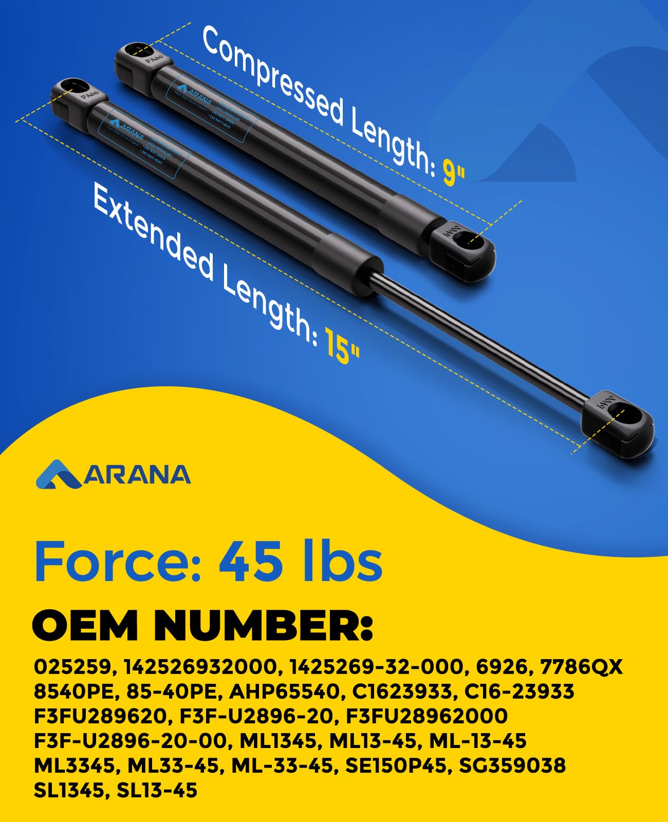 ARANA ML33-40 15 inch 45 Lbs Gas Struts Spring Shocks C16-23933 Lift Supports Replacement for Leer Camper Shell Snugtop A.R.E Tr