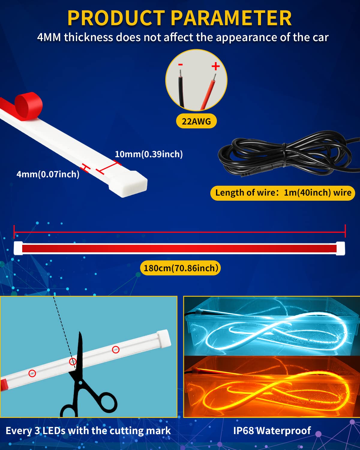 Exterior Car Led Hood Light Strip,Dual Color Dynamic Scan Start Up Hoodbeam Kit,Led Daytime Running Lights Ice Blue&Amber Switch