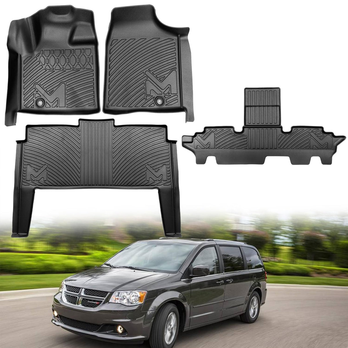 Tpe Automotive Floor Mats Custom For 2011-2021 Dodge Grand Caravan 7 Seats/ 08-16 Town & Country (Stow'N Go Only), All Weather P