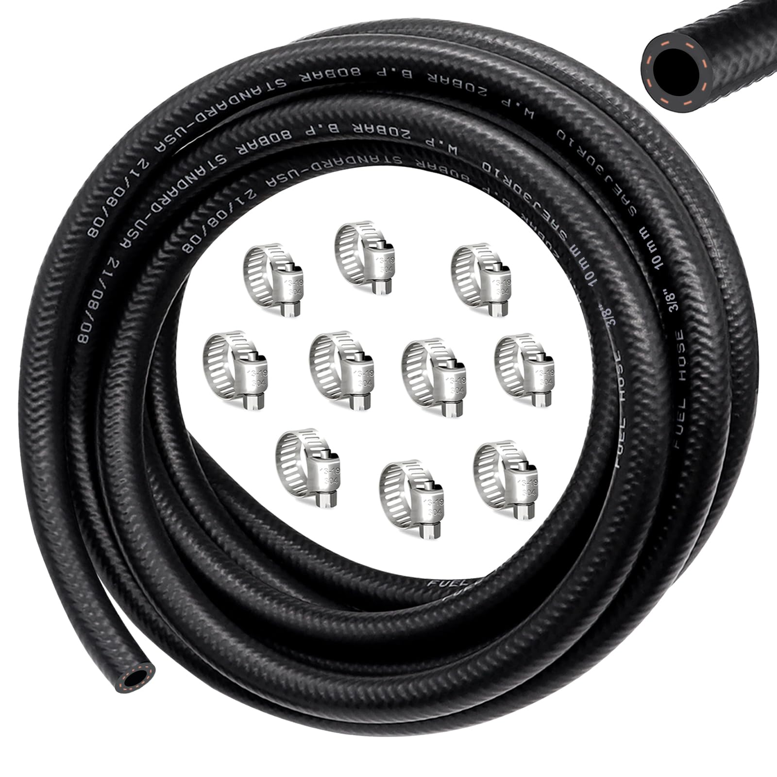 Smseace 3/8Inch(10Mm) Fuel Hose 10Ft 3/8 Fuel Line Hose With 10Pcs Hose Clamps Nbr Rubber High Pressure 300Psi Fuel Line For Sma
