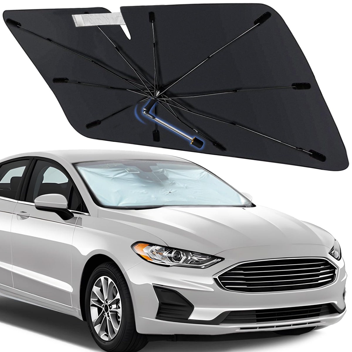 Windshield Sun Shade Umbrella for Ford Fusion 2013-2021 Foldable Car Sunshade for Front Windows with 360 Rotating Shaft, Custom 