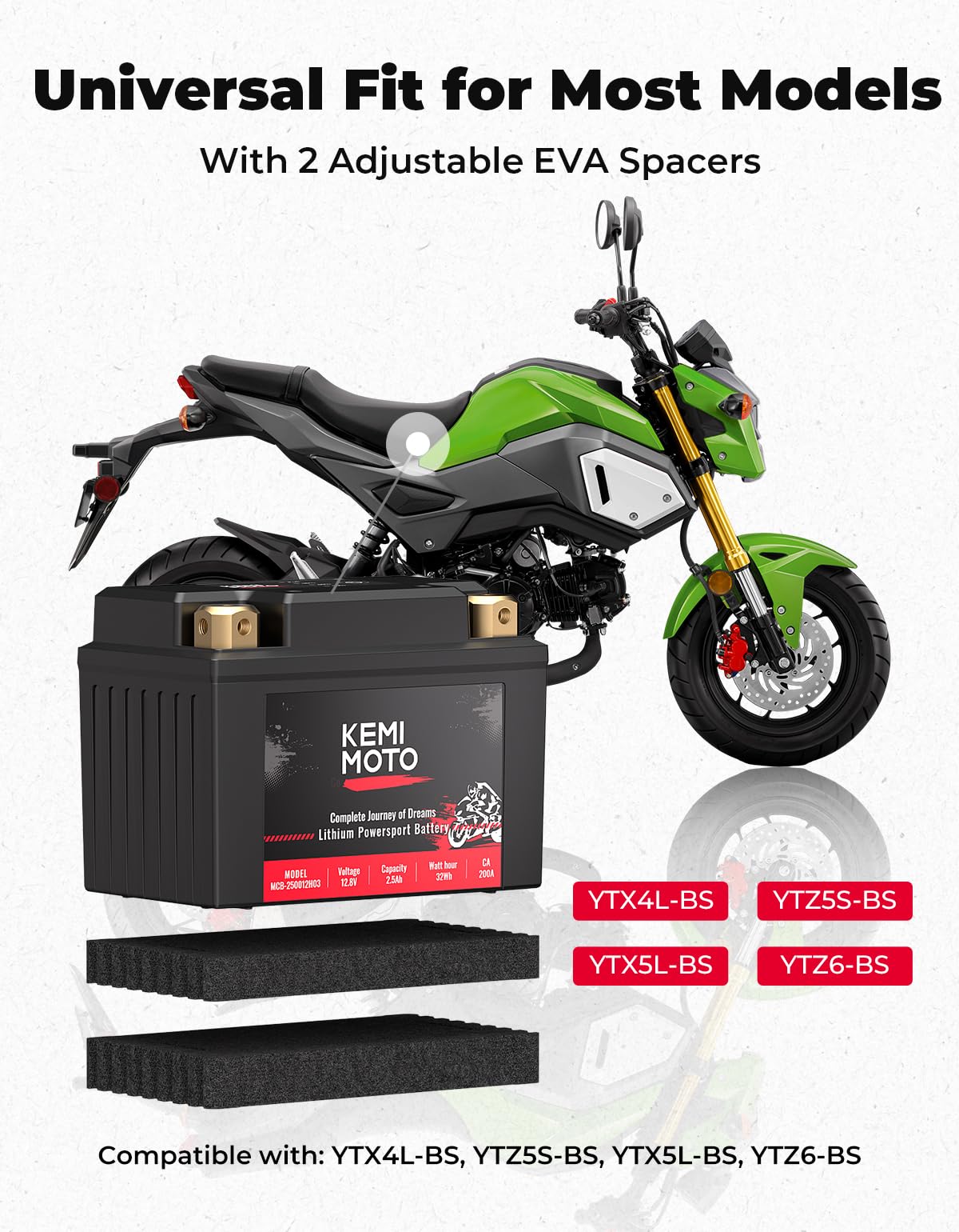 Kemimoto Lithium Motorcycle Battery Ytx5L-Bs/Ytx4L-Bs, Lifepo4 Lithium Battery 12V 2.5Ah, Pre-Charged Powersports Battery, With