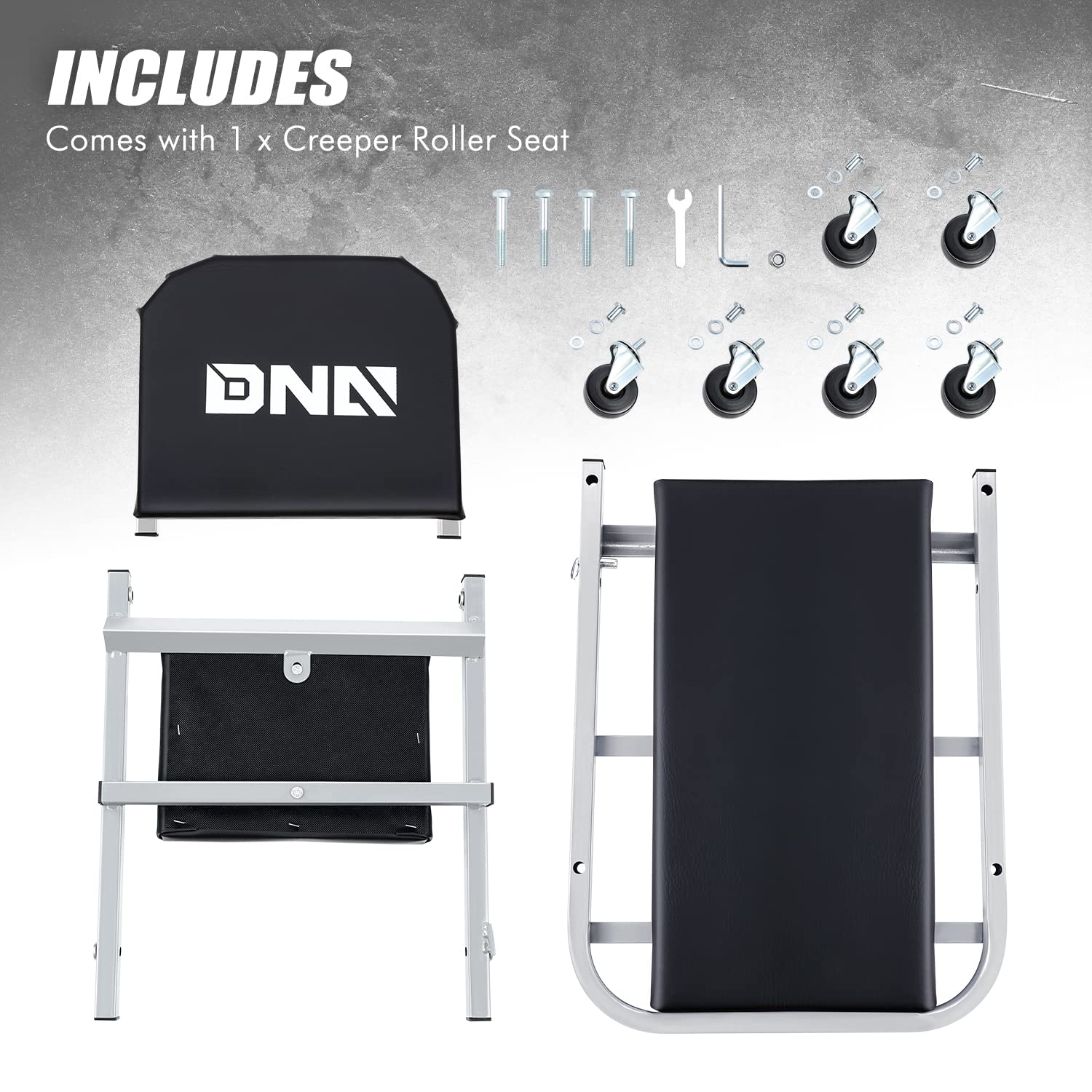 Dna Motoring Tools-00187 40 Inches 2 In 1 Rolling Folding Car Creeper/Seat, 6 Pcs 2'' Casters, 150Kg Weight Capacity, Gray