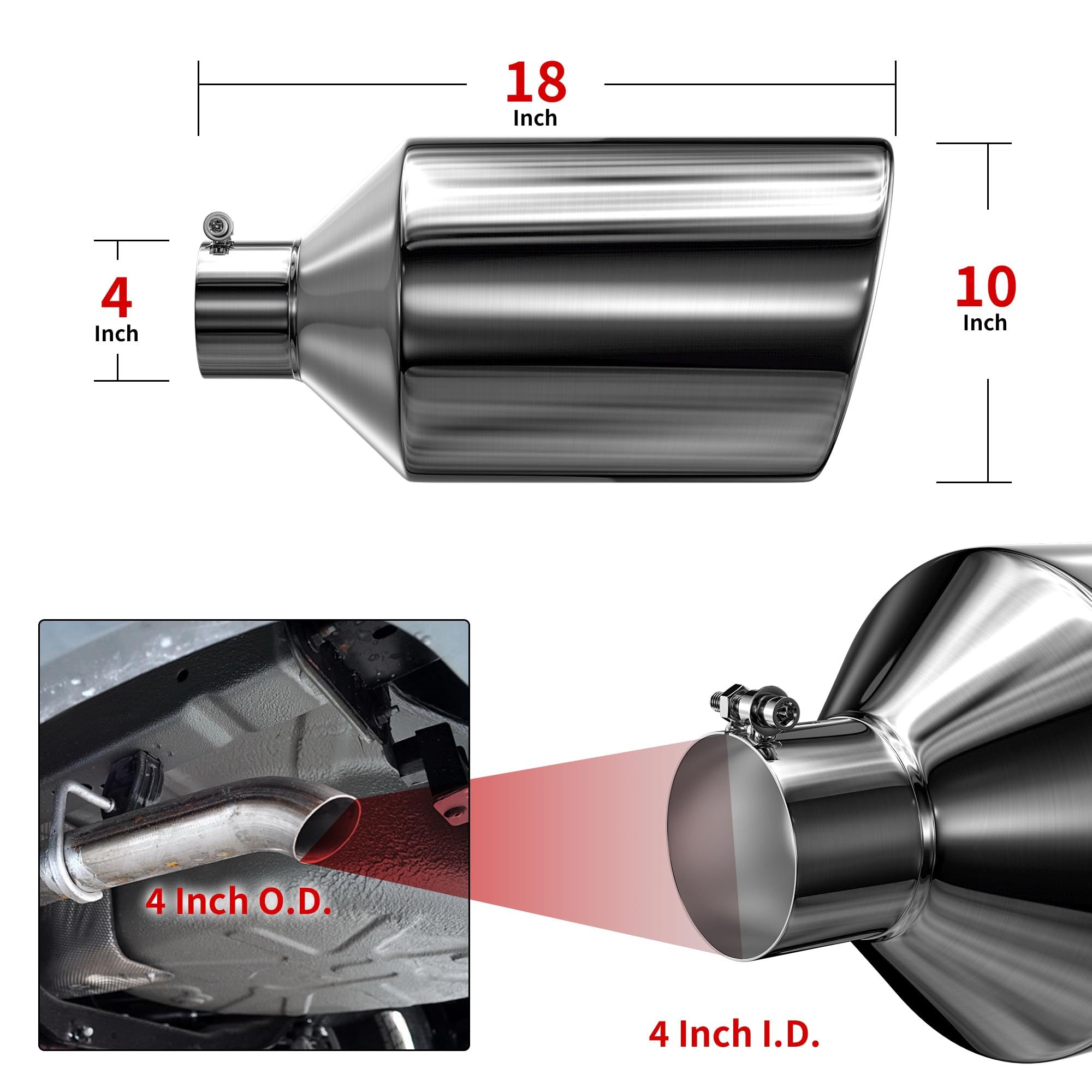 Richeer 4 to 10 inch Exhaust Tip,4'' Inlet 10    Outlet 18    Overall Length Stainless Steel Exhaust Tip Surface Polished Finish