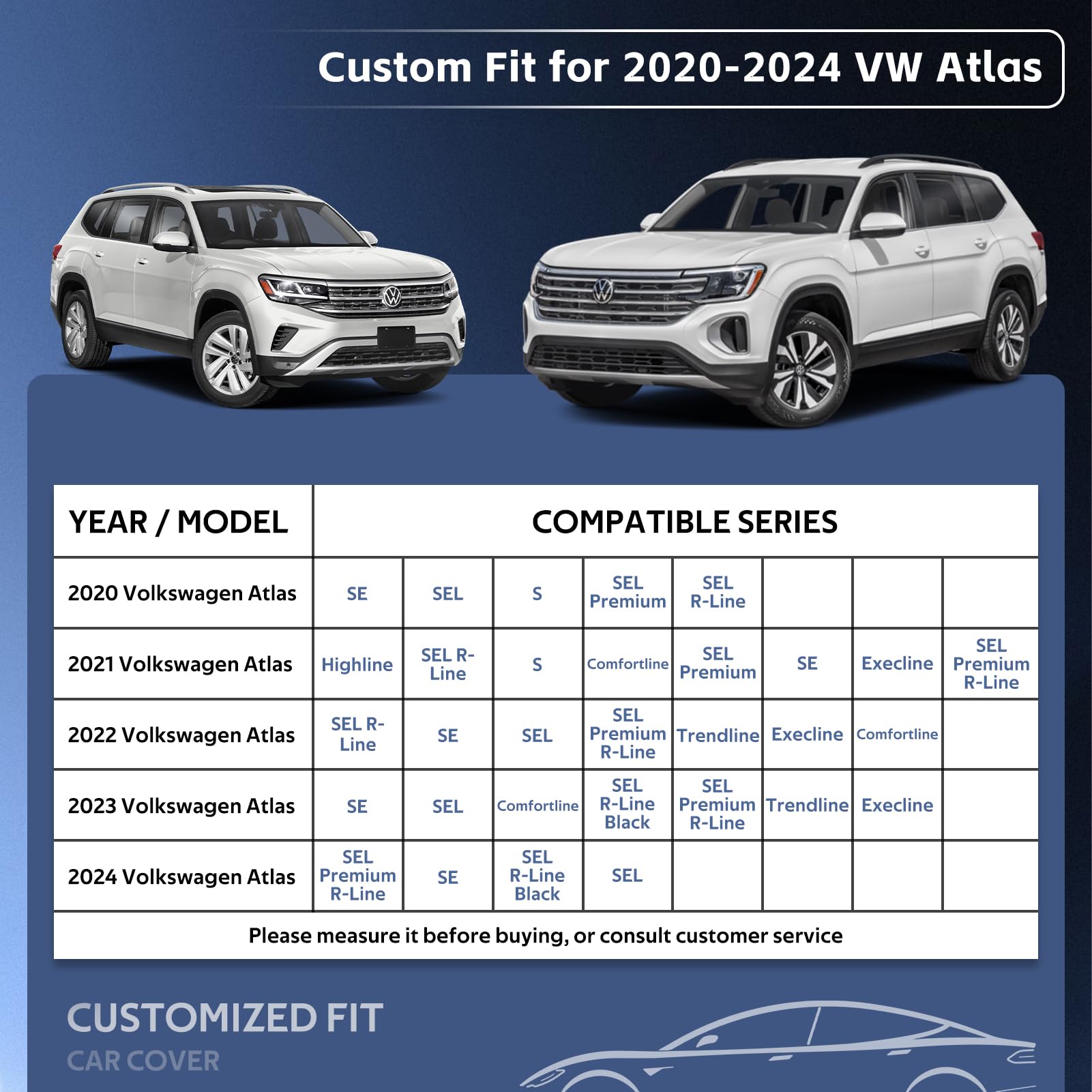 Holthly 10 Layers Suv Car Cover Custom Fit For Volkswagen Vw Atlas (2017-2024) Waterproof All Weather For Automobiles, Outdoor F