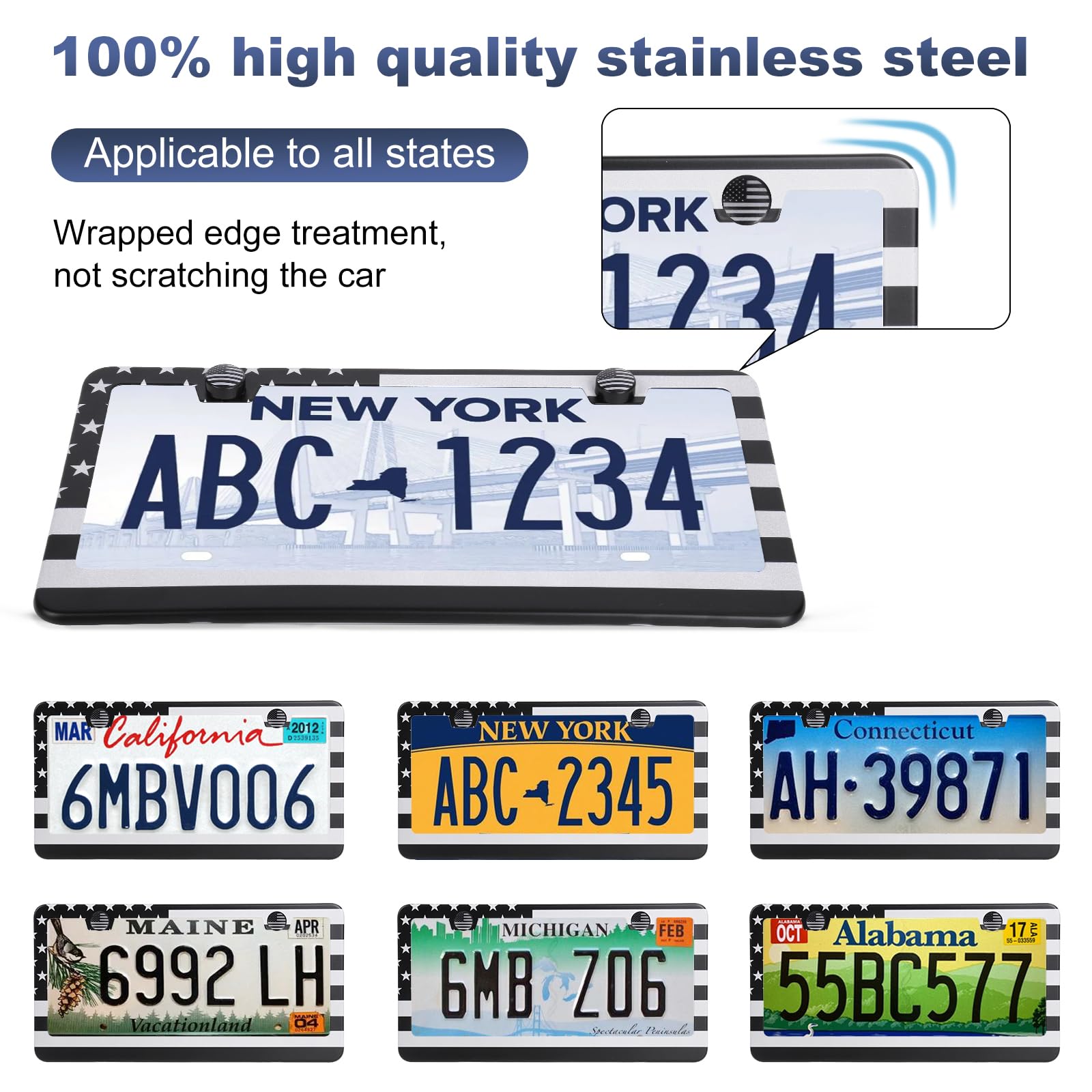 Quanqiufei 2 Pack License Plate Frames, Stainless Steel Car License Plate Cover Car Accessories With Screw Caps (Grey And Black)
