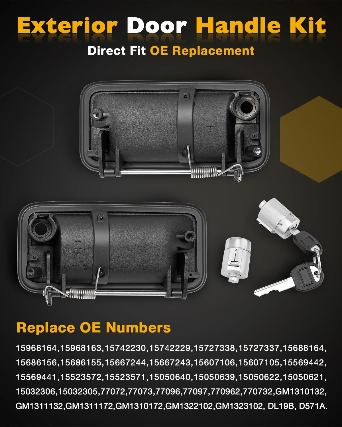 Metal Outside Door Handles, W/ Lock Cylinders & Keys, Compatible With 1988-2001 Chevy K1500 K2500 K3500 C1500 C2500 C3500, Gmc C