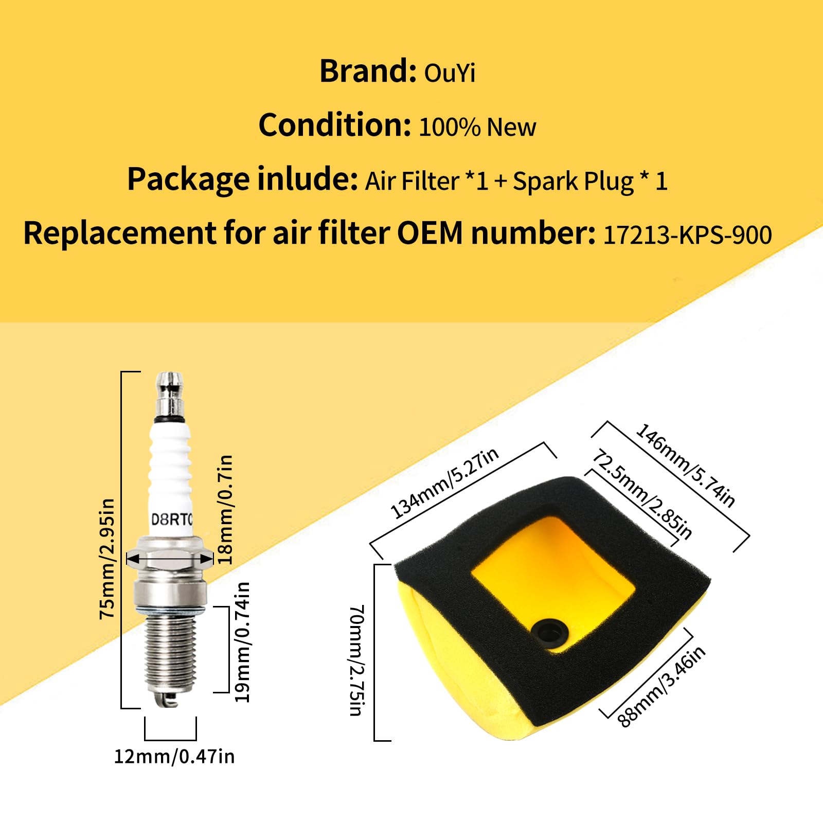 OuYi Motorcycle Air Filter & Spark Plug for Honda CRF150F 2003-2017, CRF230F 2003-2019 - High Performance Replacement Parts