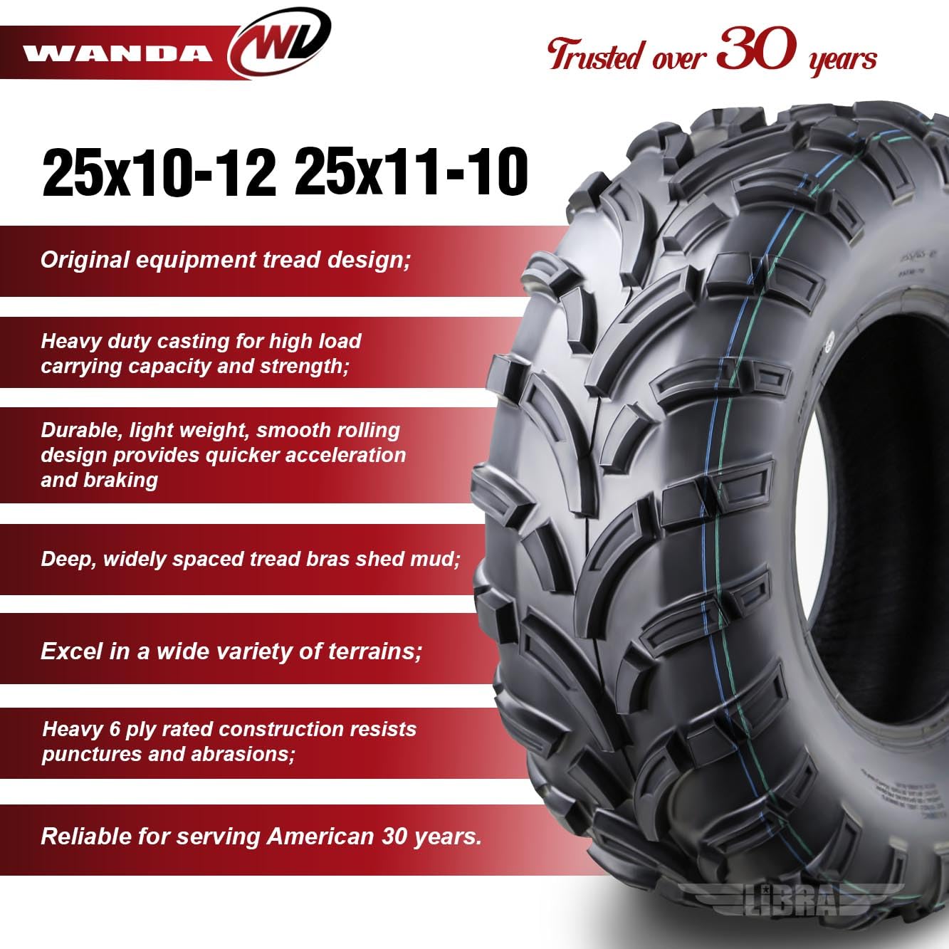 Wanda Utv Atv Tires (2) 25X10-12 Front & (4) 25X11-10 Rear /6Pr P373 Lit Mud 6 Wheelers