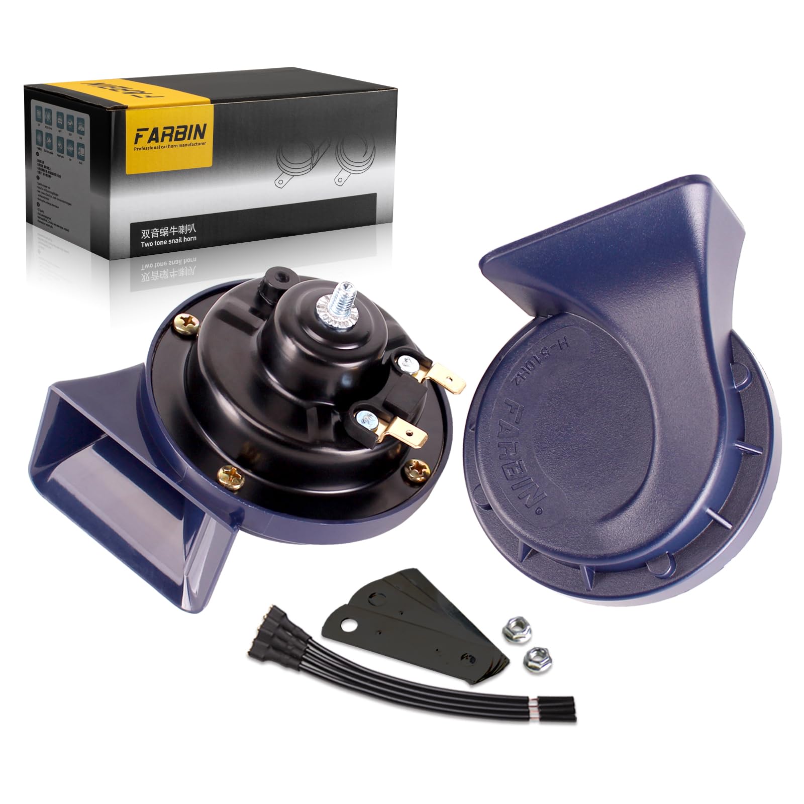 Farbin Horn 12V Car Horns Loud Dual-Tone Waterproof Auto Horn Electric Snail Horn Kit Universal For Any 12V Vehicles (Blue Horn,