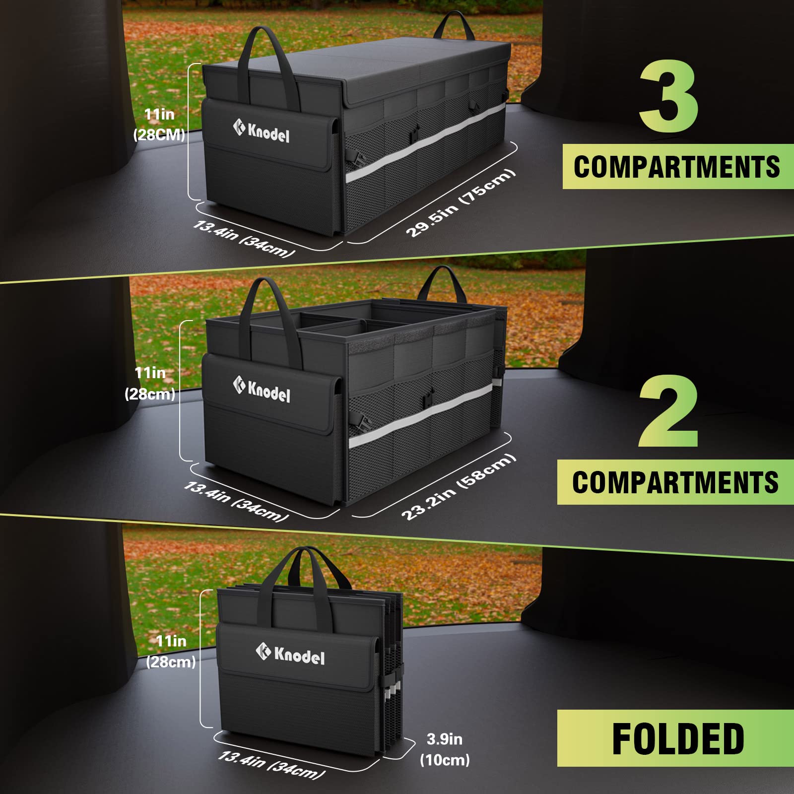 K Knodel Car Trunk Organizer With Lid, 3 Compartments Collapsible Car Trunk Storage Organizer, Large Car Organizer And Storage F