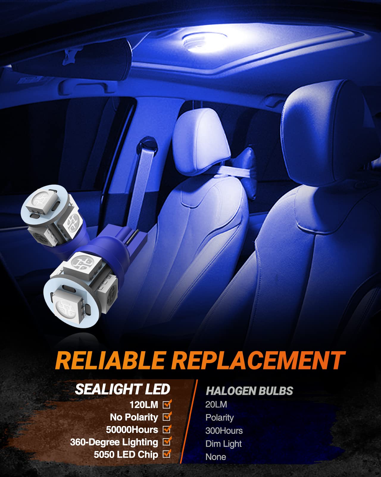 Sealight 194 Led Bulbs, 168 W5W 2825 Led Bulb 6000K Brilliant Blue Super Bright Replacement For Dash Board Light, License Plate