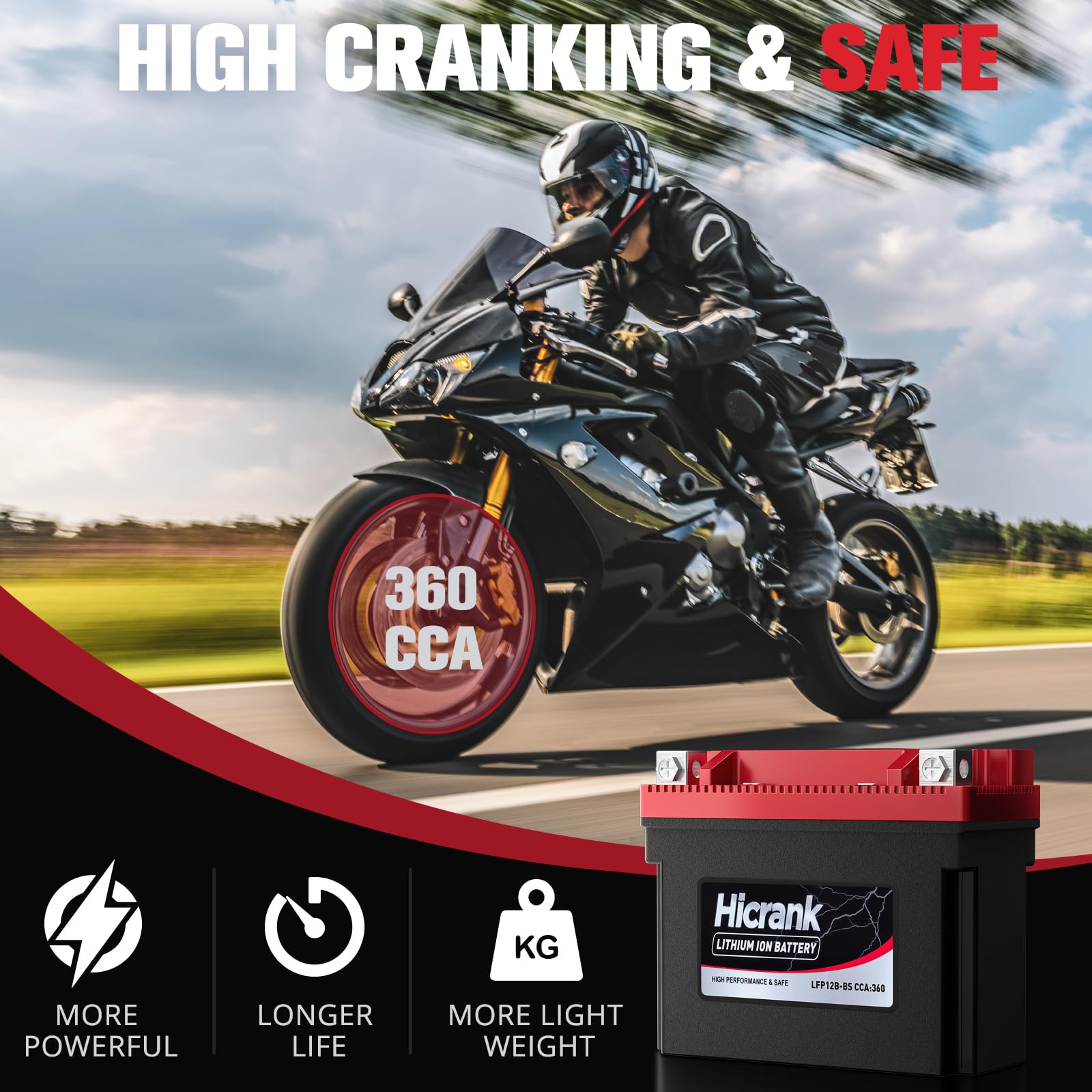Hicrank YT12B-BS Lithium 12V 6Ah 360CCA LiFePO4 Motorcycle Battery, Powersports Battery for Scooter, ATV, UTV, Jet Ski, Personal